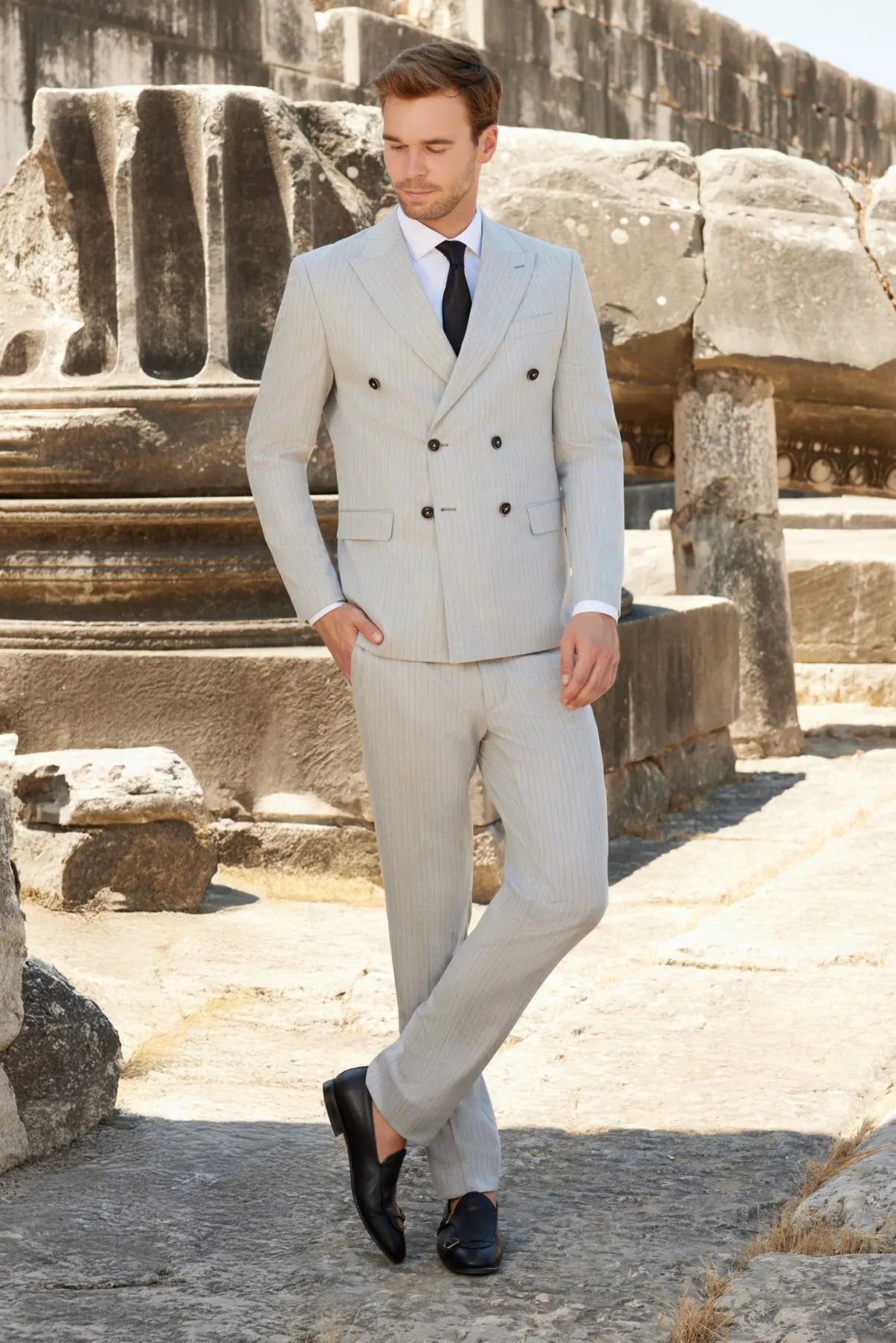 London Gray Slim Fit Gray Striped Double Breasted Men's Suit Novo Suit