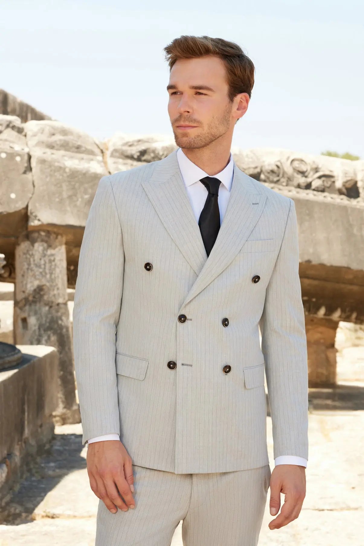 London Gray Slim Fit Gray Striped Double Breasted Men's Suit Novo Suit