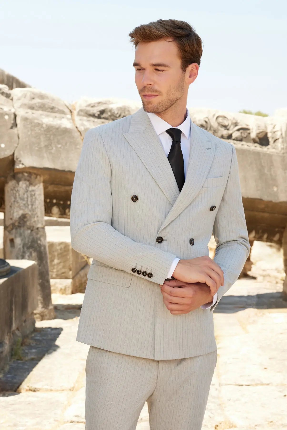 London Gray Slim Fit Gray Striped Double Breasted Men's Suit Novo Suit