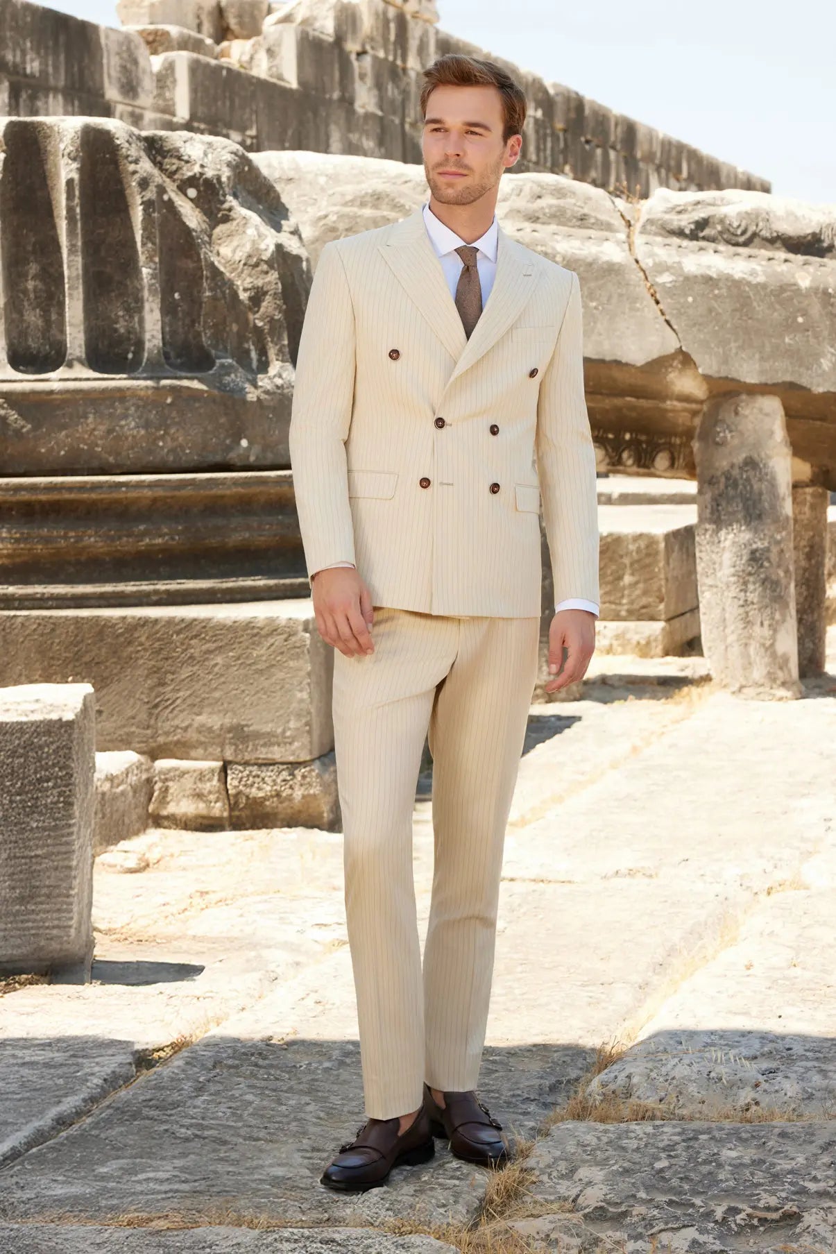 Ivory Elegance Slim Fit Cream Striped Double Breasted Suit Novo Suit