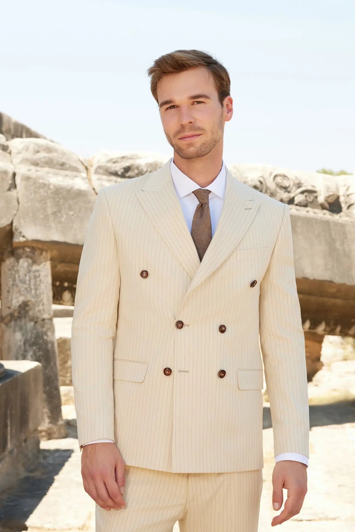 Ivory Elegance Slim Fit Cream Striped Double Breasted Suit Novo Suit