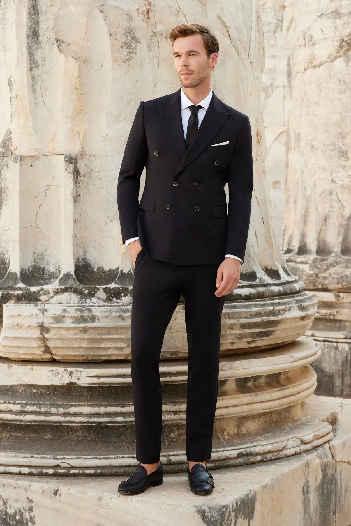Blacksea Slim Fit Black Men's Double Breasted Modern Suit Novo Suit