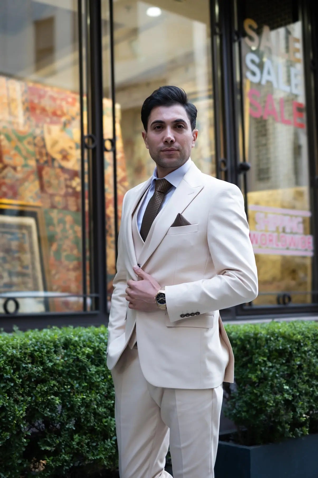 Broadway Slim Fit Cream Men's Three Piece Modern Suit - Novo Suit