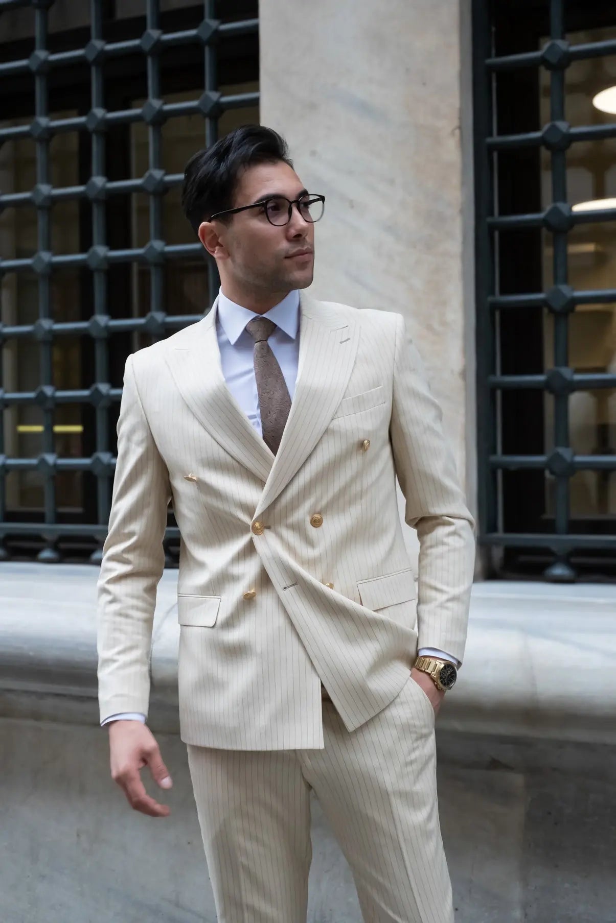 Champagne Slim Fit Cream Striped Double Breasted Men's Suit - Novo Suit