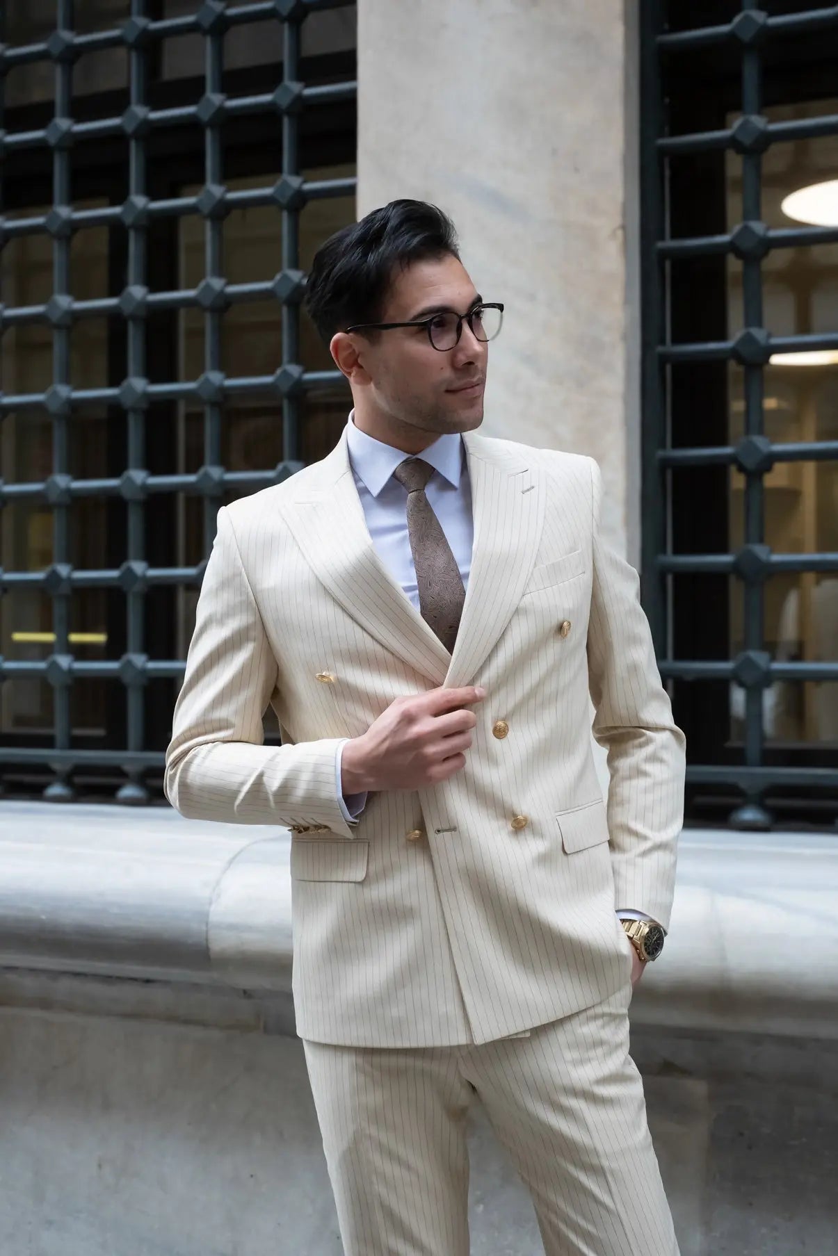 Champagne Slim Fit Cream Striped Double Breasted Men's Suit - Novo Suit