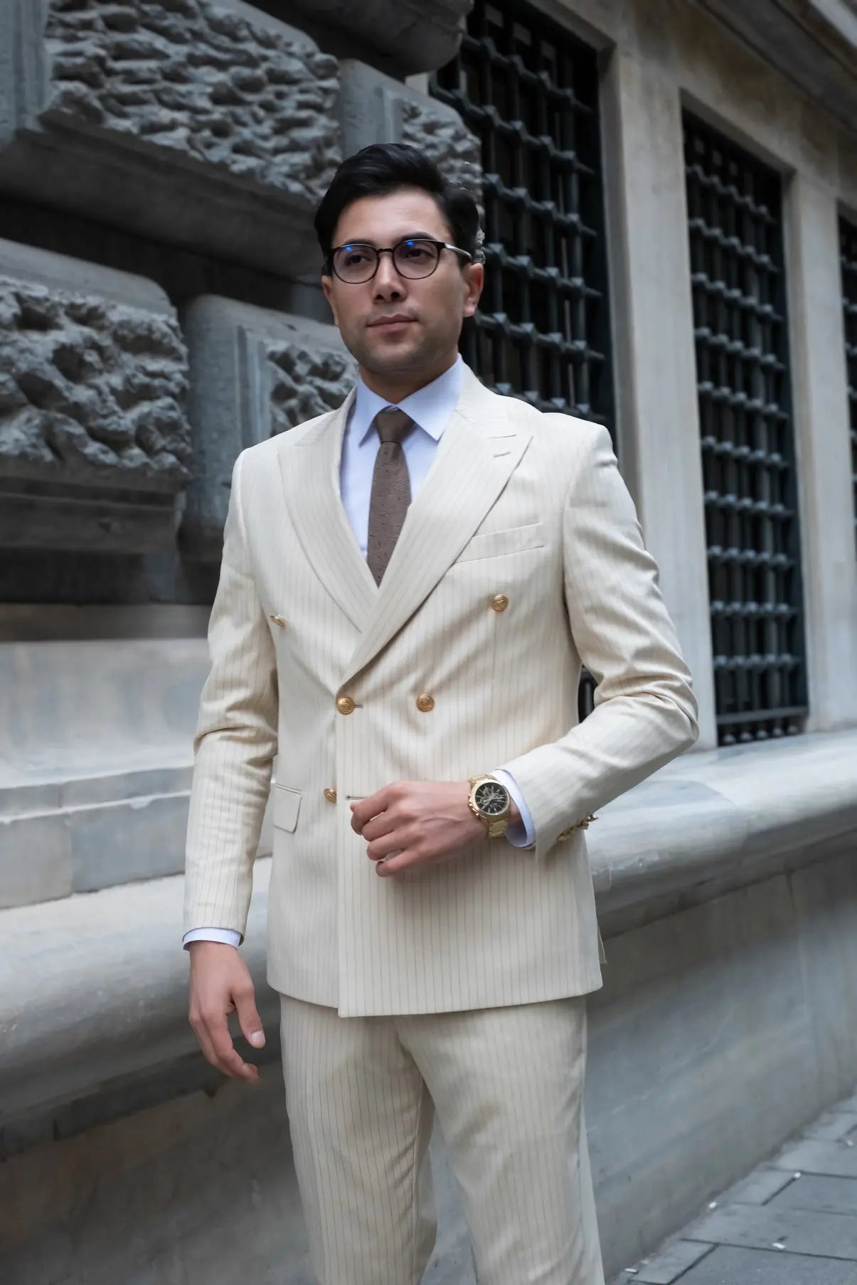 Champagne Slim Fit Cream Striped Double Breasted Men's Suit - Novo Suit