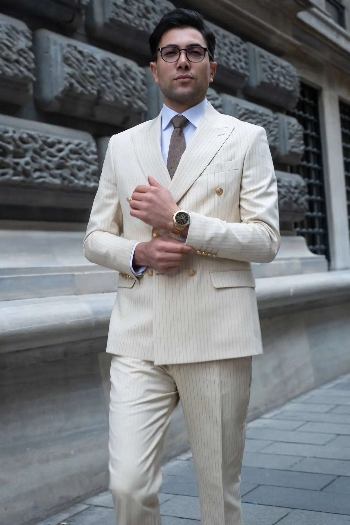 Champagne Slim Fit Cream Striped Double Breasted Men's Suit - Novo Suit