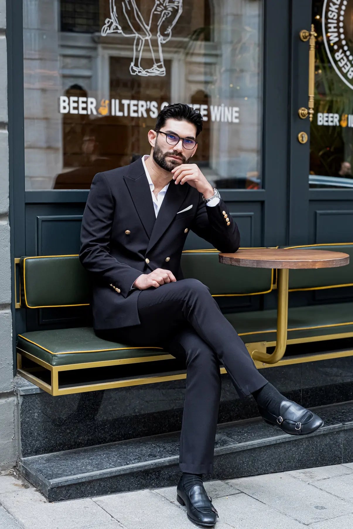 Everest Slim Fit Black Double Breasted Suit Gold Buttons - Novo Suit