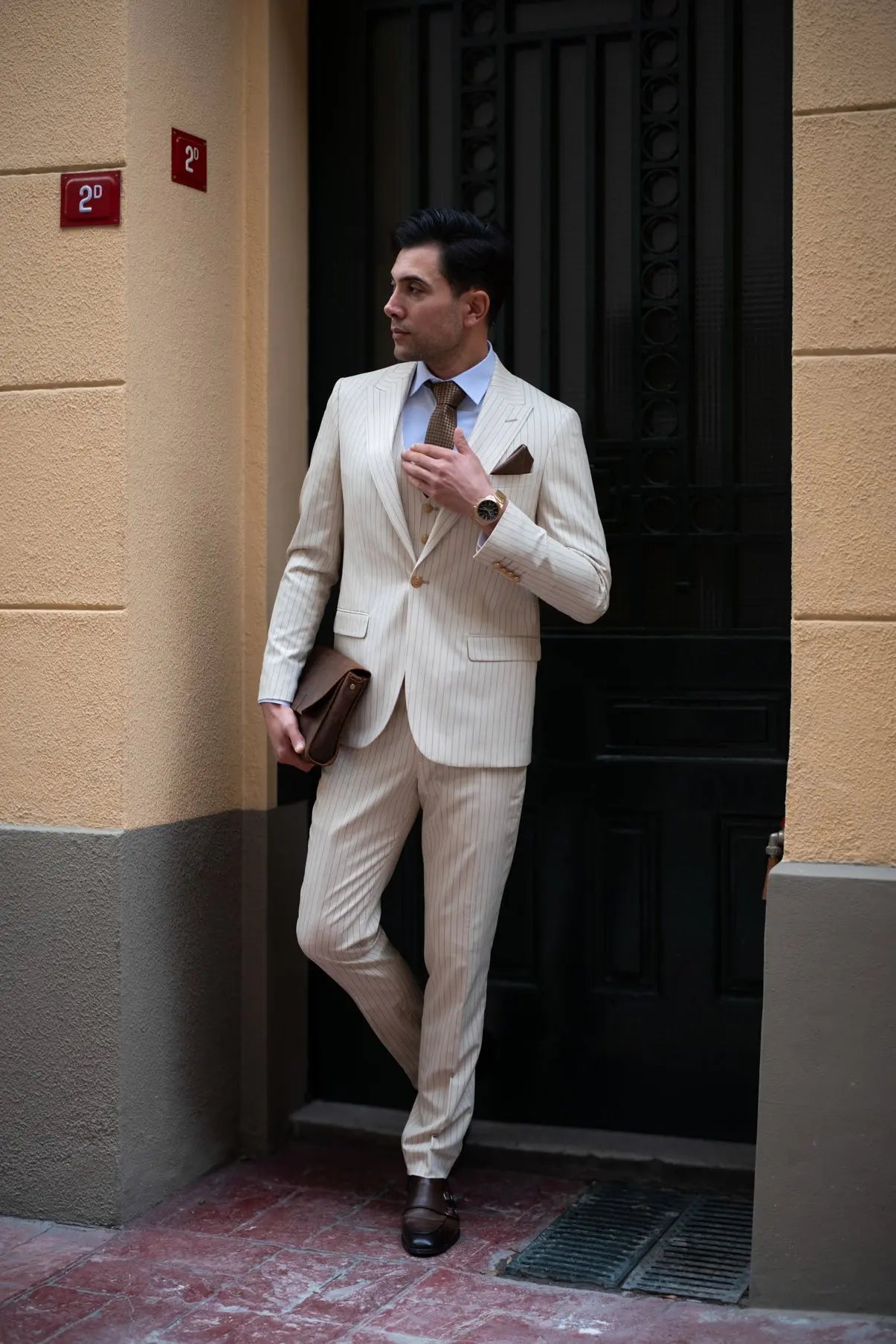 Golden Gate Slim Fit Cream Striped Men's Three Piece Suit - Novo Suit