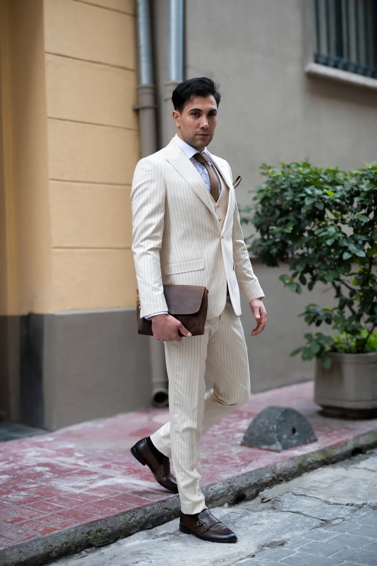 Golden Gate Slim Fit Cream Striped Men's Three Piece Suit - Novo Suit