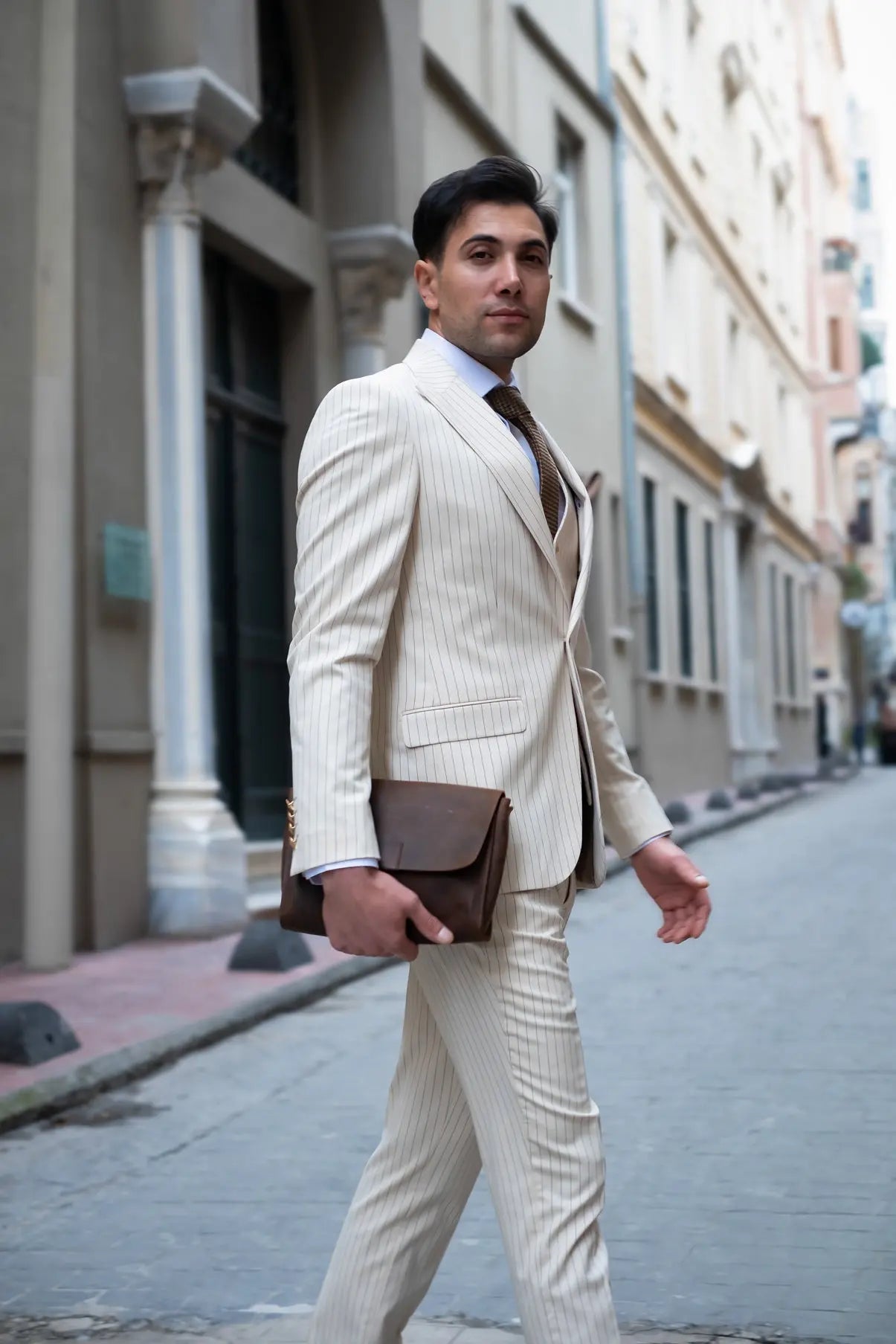 Golden Gate Slim Fit Cream Striped Men's Three Piece Suit - Novo Suit