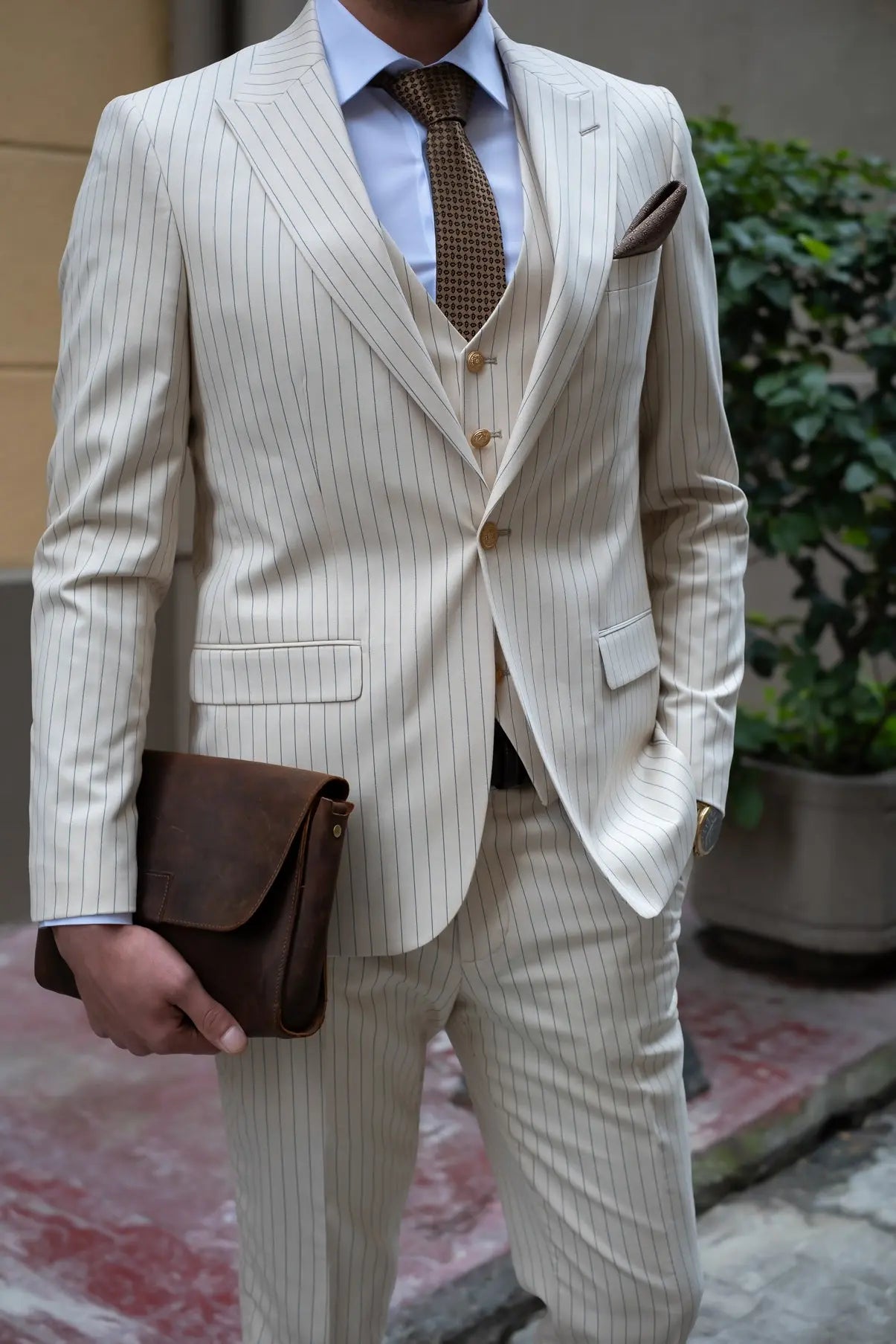 Golden Gate Slim Fit Cream Striped Men's Three Piece Suit - Novo Suit