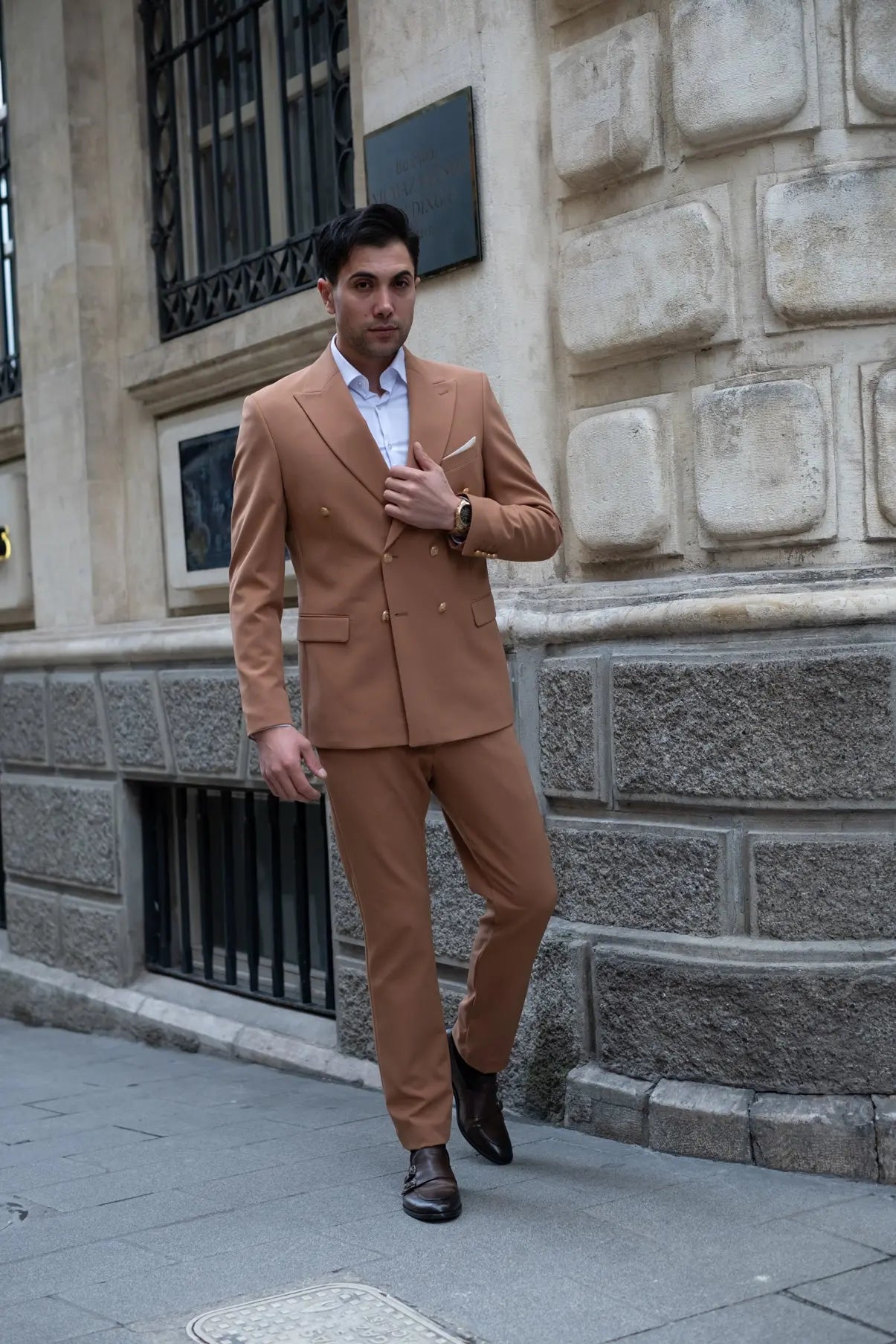 Golden Sands Slim Fit Brown Double Breasted Men's Suit - Novo Suit