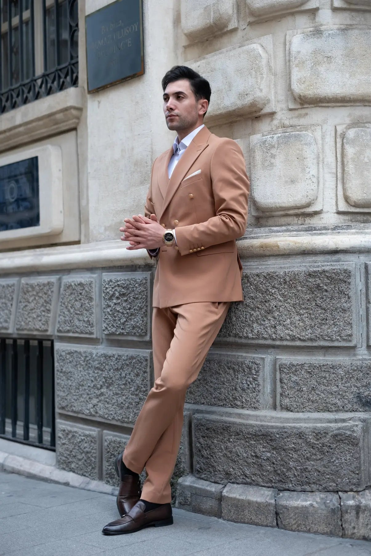 slim fit dress slacks Golden Sands Slim Fit Brown Double Breasted Men's Suit 40UK