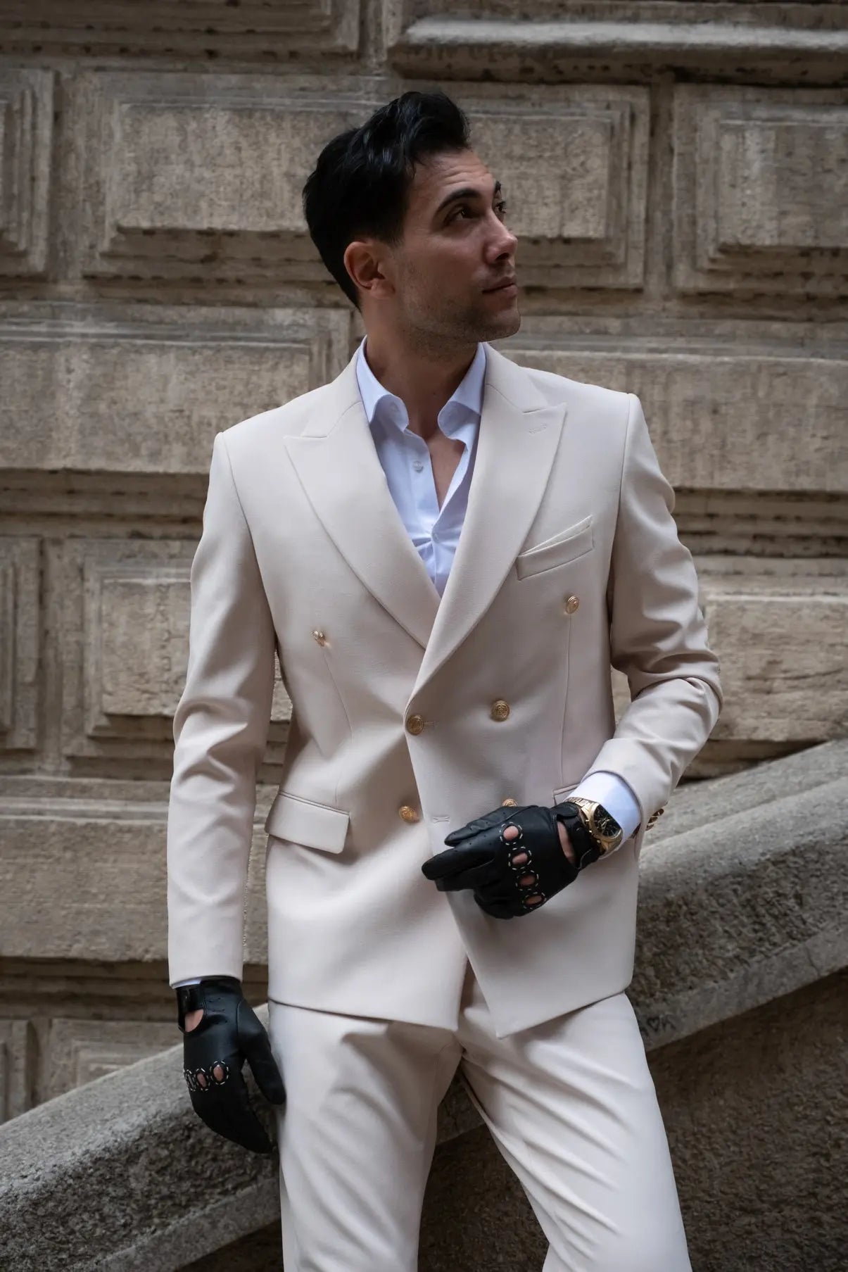 Hollywood Slim Fit Cream Gold Buttons Double Breasted Suit - Novo Suit