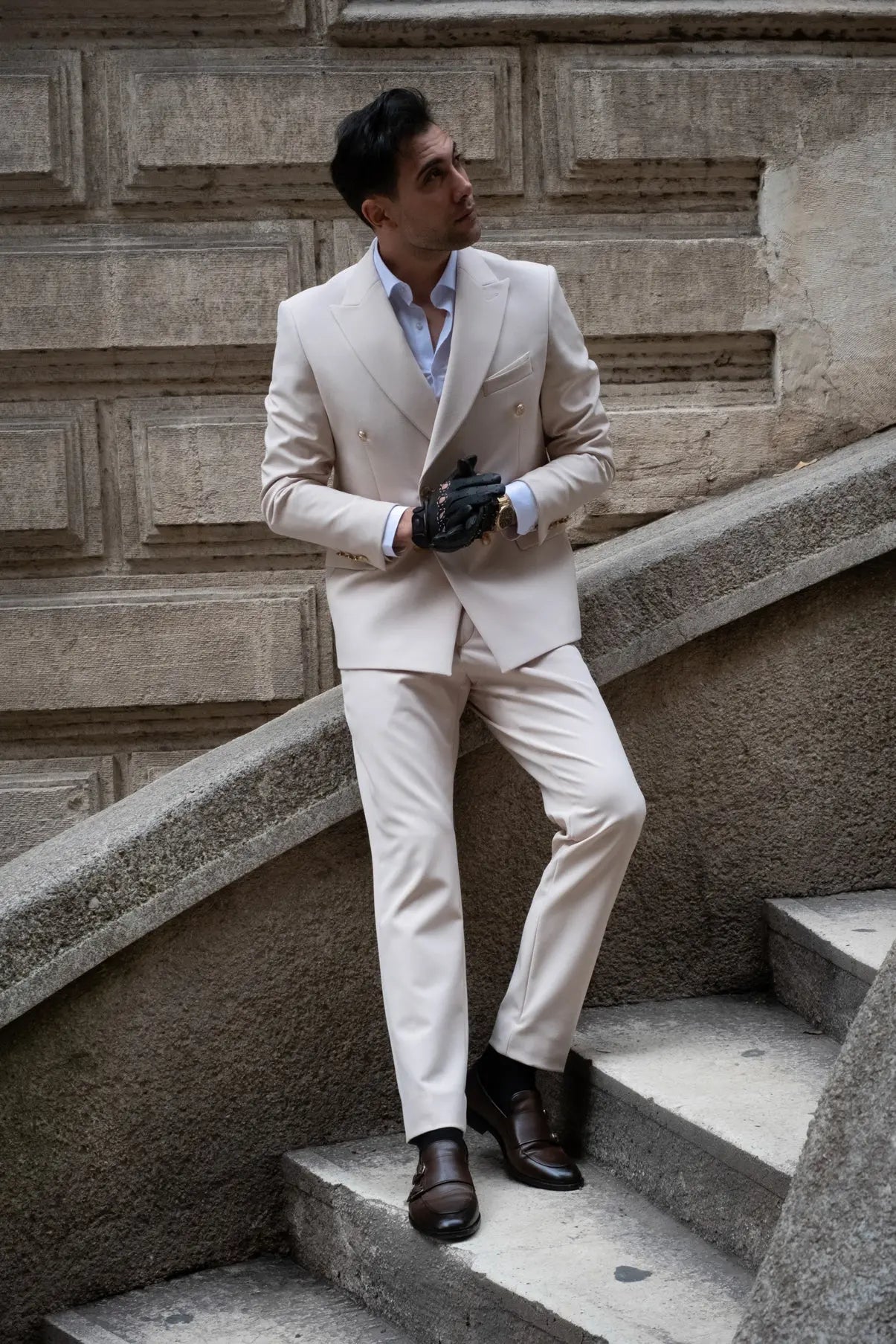 Hollywood Slim Fit Cream Gold Buttons Double Breasted Suit - Novo Suit
