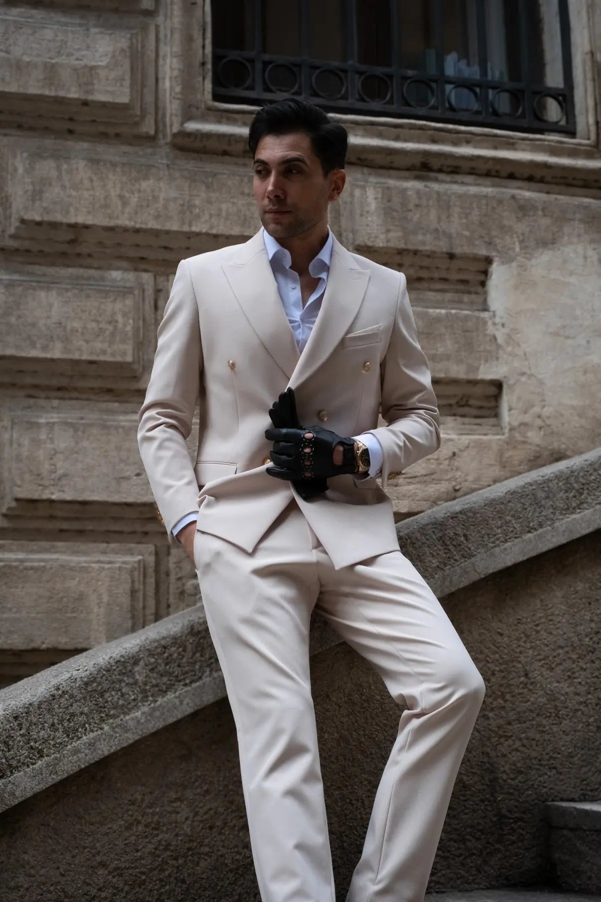 Hollywood Slim Fit Cream Gold Buttons Double Breasted Suit - Novo Suit