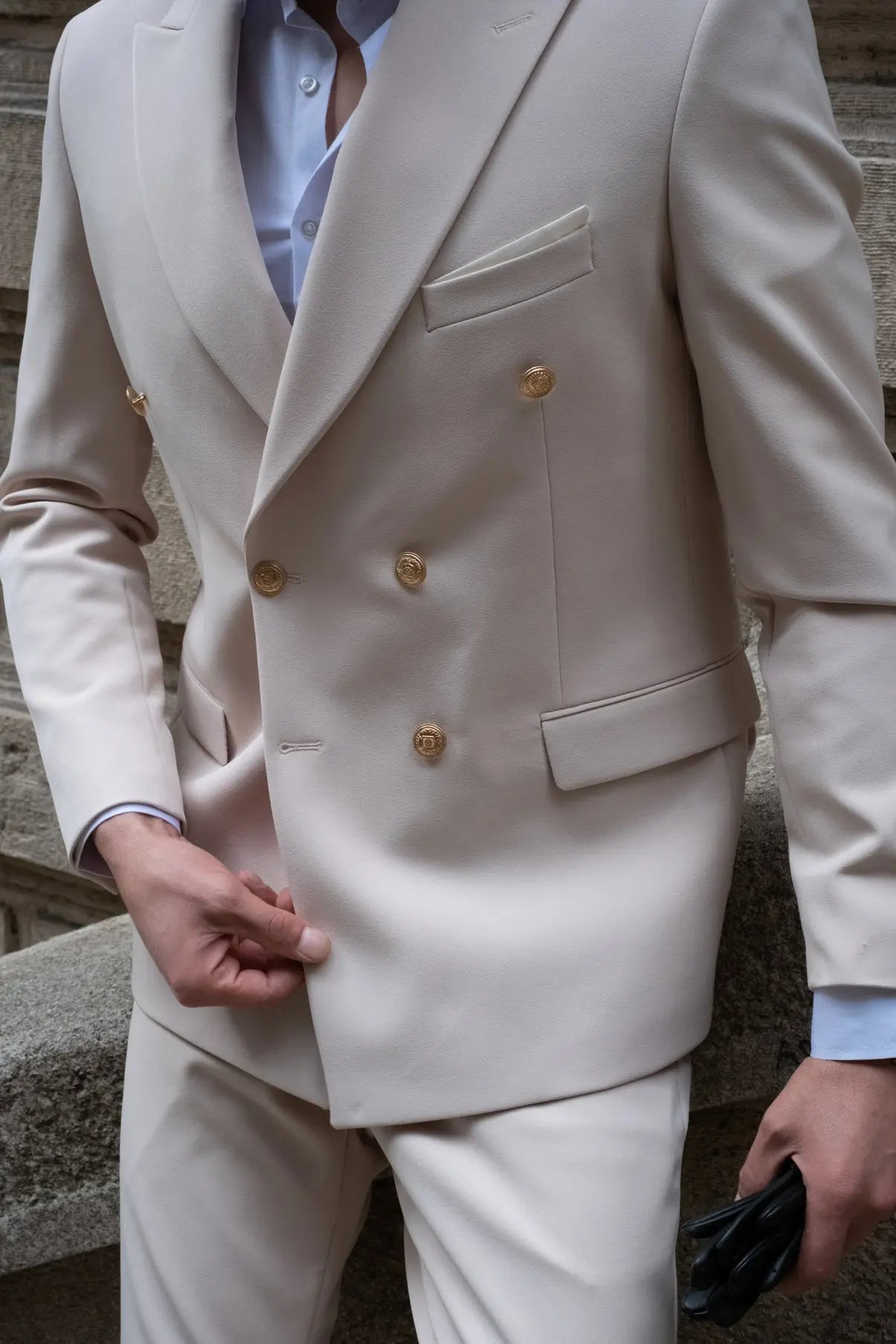 Hollywood Slim Fit Cream Gold Buttons Double Breasted Suit - Novo Suit