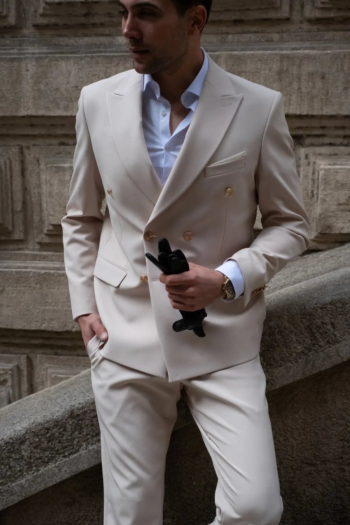 Hollywood Slim Fit Cream Gold Buttons Double Breasted Suit - Novo Suit