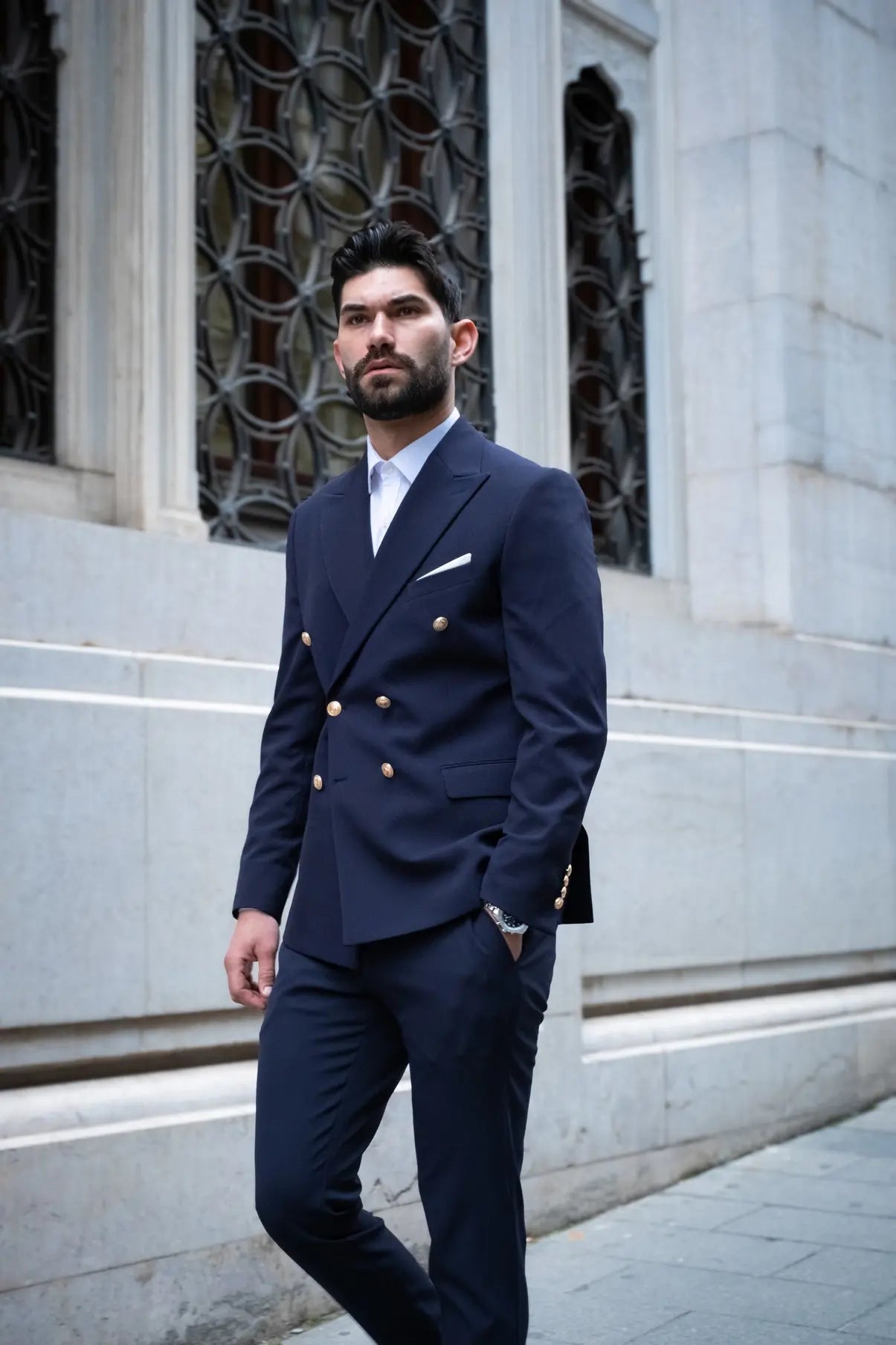 Napoli Slim Fit Navy Blue Double Breasted Suit Gold Buttons -