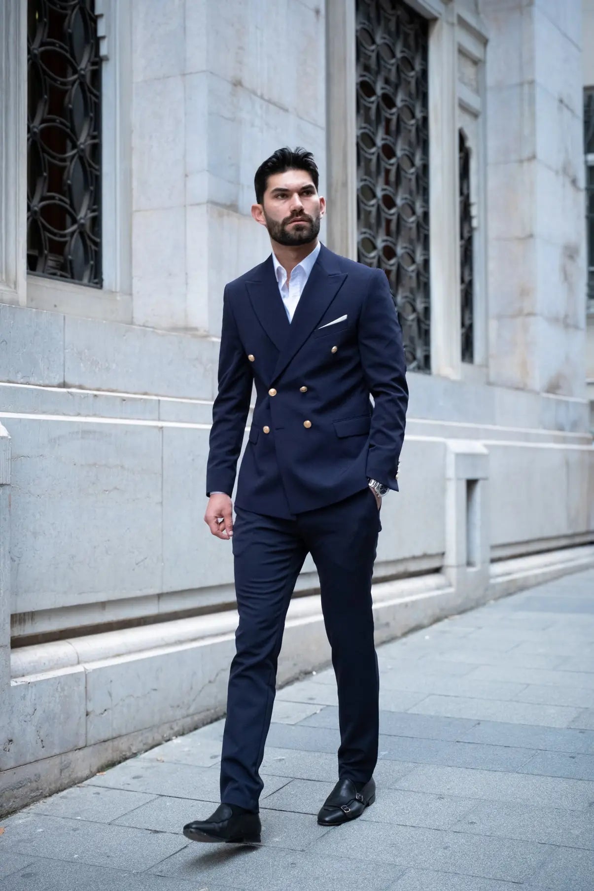 Napoli Slim Fit Navy Blue Double Breasted Suit Gold Buttons -