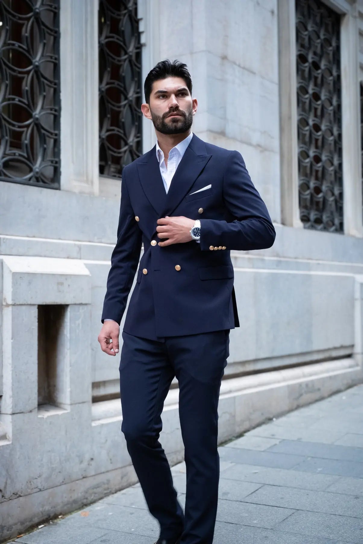 Napoli Slim Fit Navy Blue Double Breasted Suit Gold Buttons -