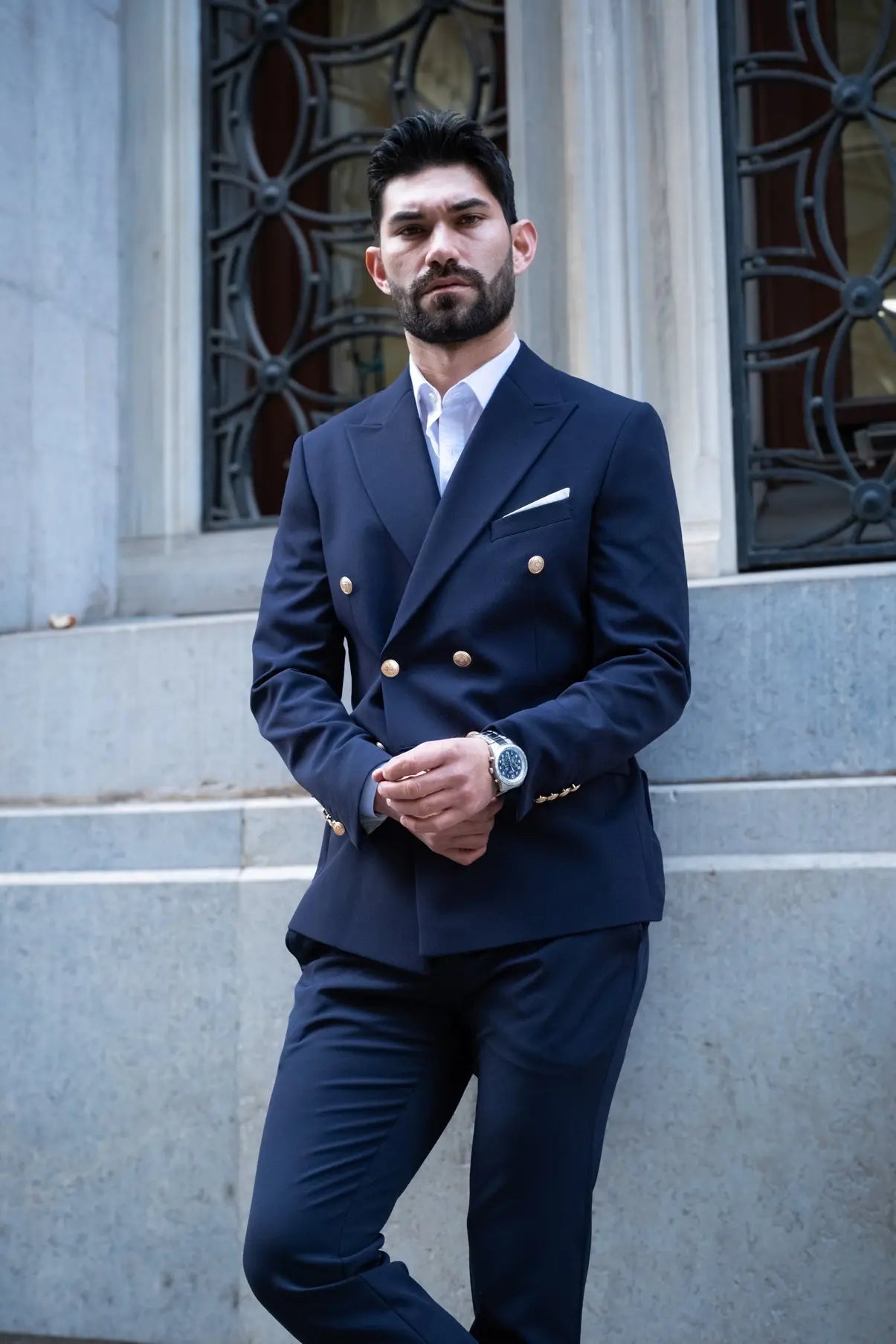 Napoli Slim Fit Navy Blue Double Breasted Suit Gold Buttons -