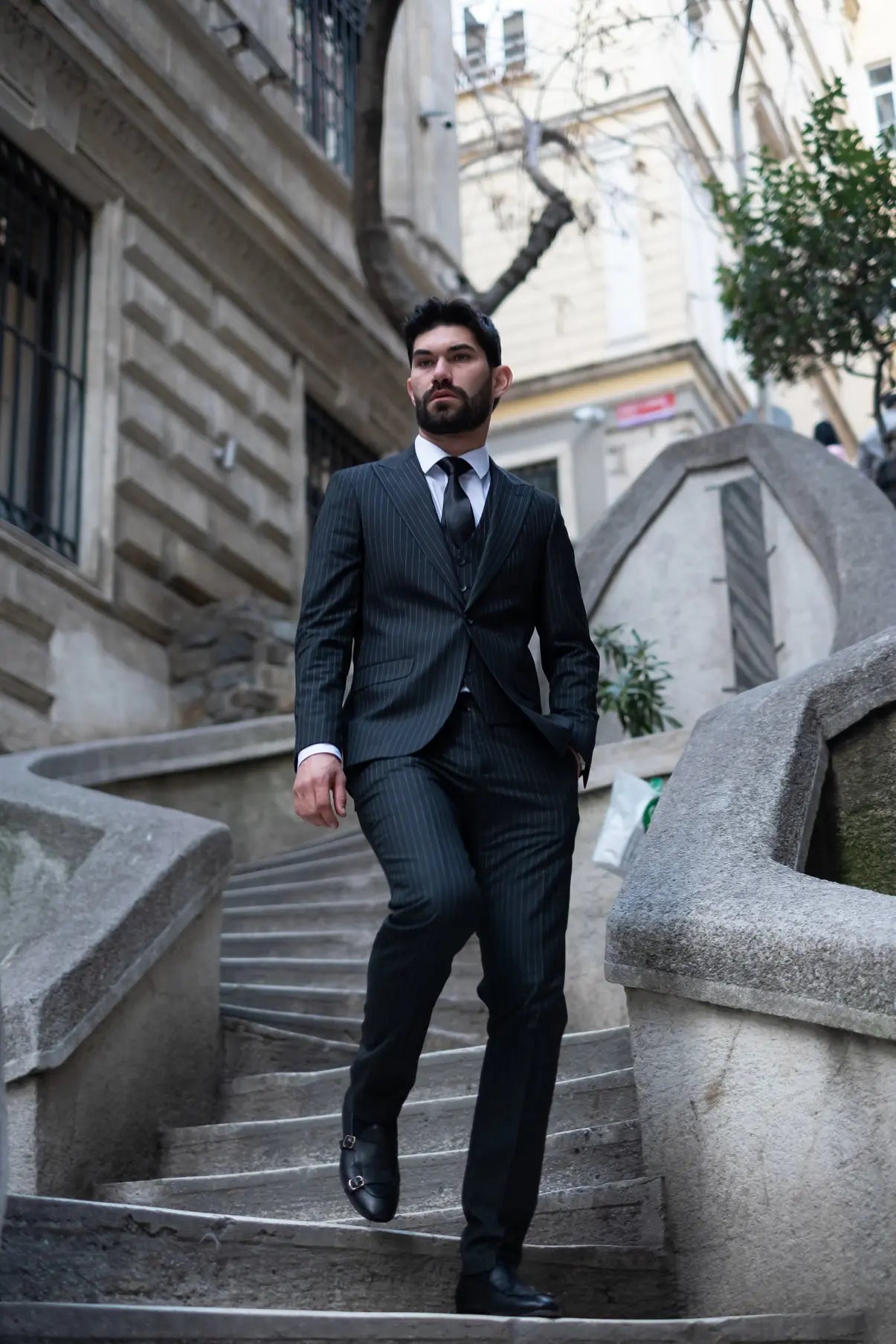 Times Square Slim Fit Black Striped Men's Three Piece Suit - Novo Suit