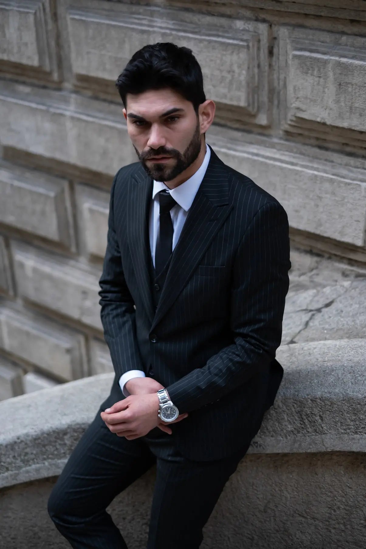Times Square Slim Fit Black Striped Men's Three Piece Suit - Novo Suit