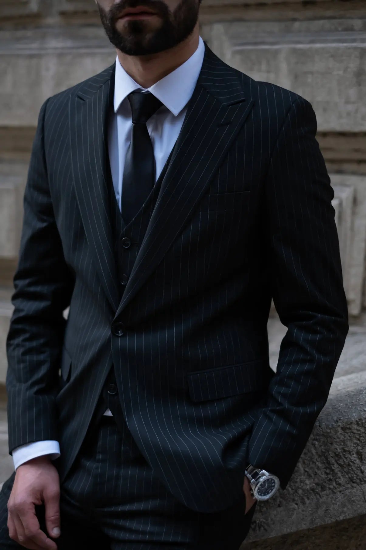Times Square Slim Fit Black Striped Men's Three Piece Suit - Novo Suit