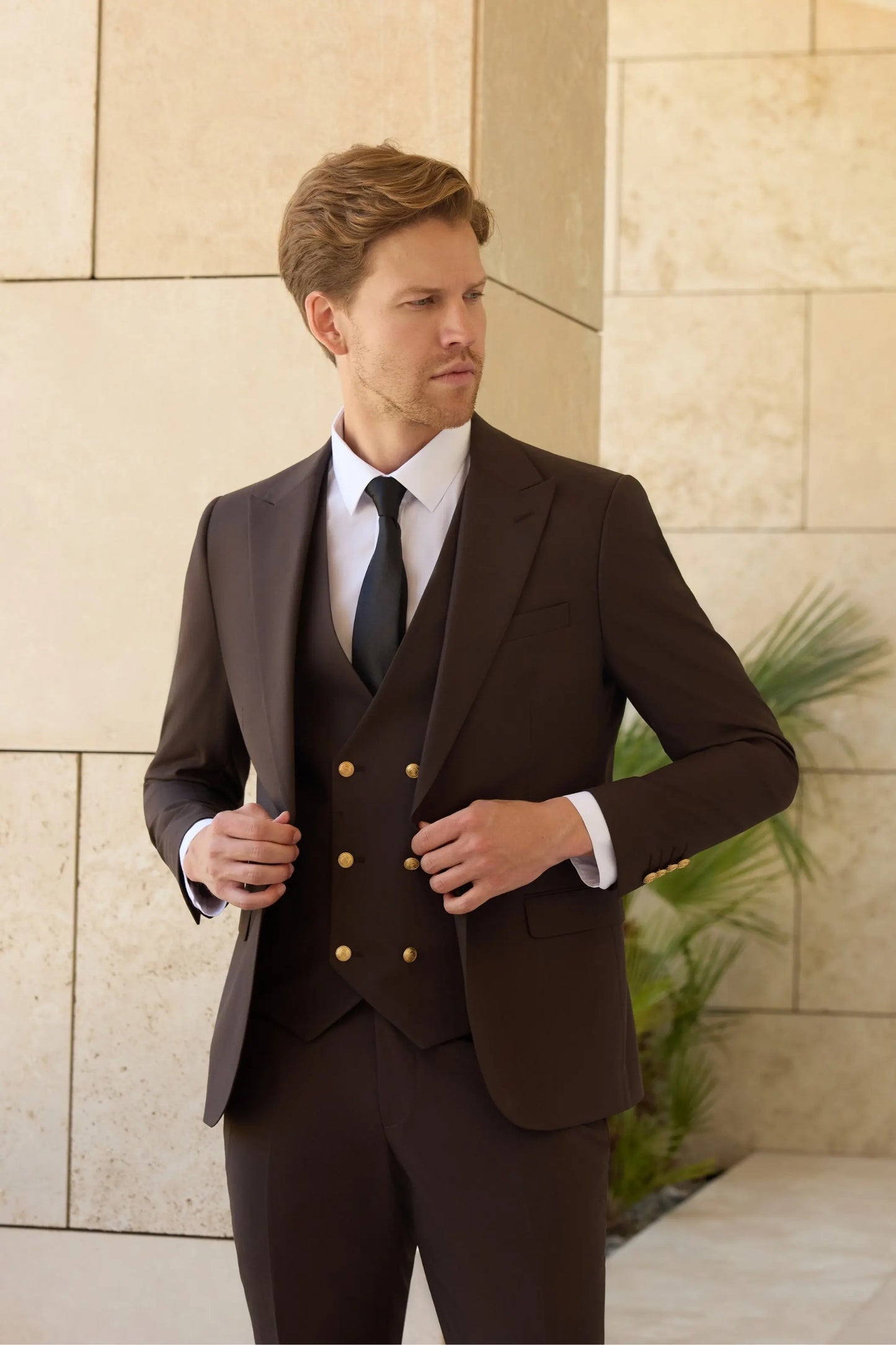 Grand Canyon Slim Fit Brown Gold Buttons Three Piece Suit - Novo Suit
