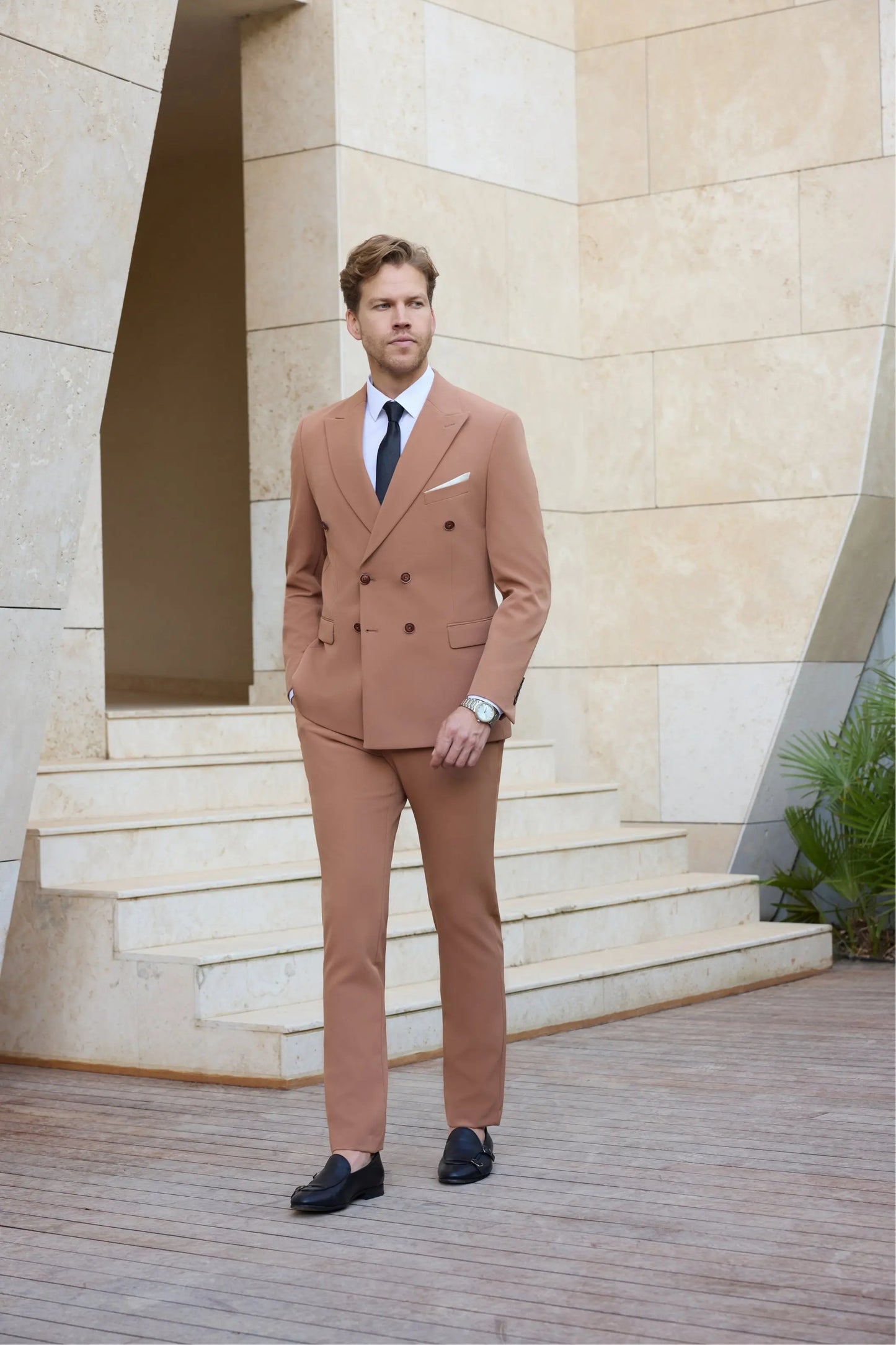 Brooklyn Bridge Slim Fit Brown Double Breasted Men's Suit - Novo Suit