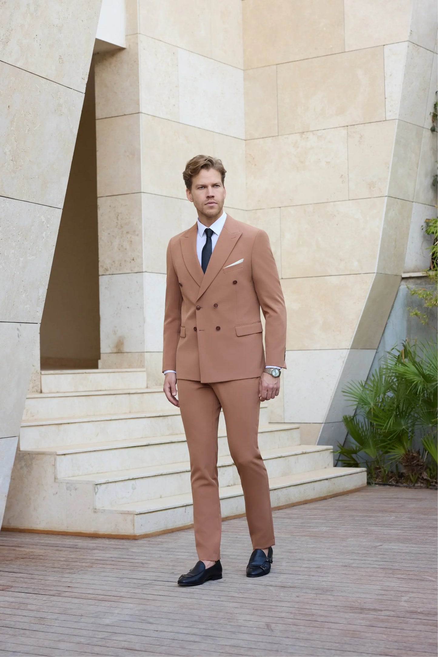 Brooklyn Bridge Slim Fit Brown Double Breasted Men's Suit - Novo Suit