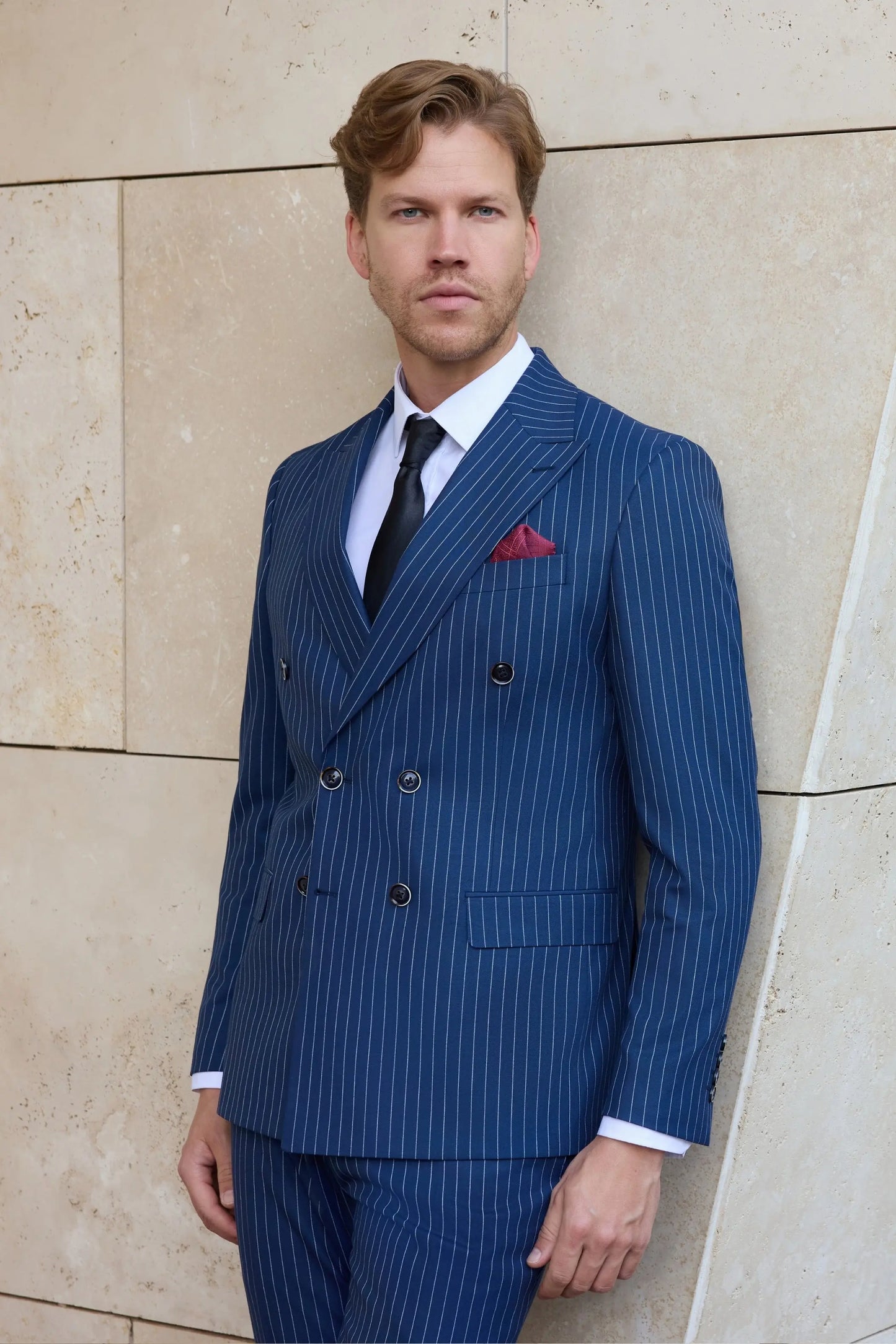 Orient Express Slim Fit Navy Blue Striped Double Breasted Suit - Novo Suit
