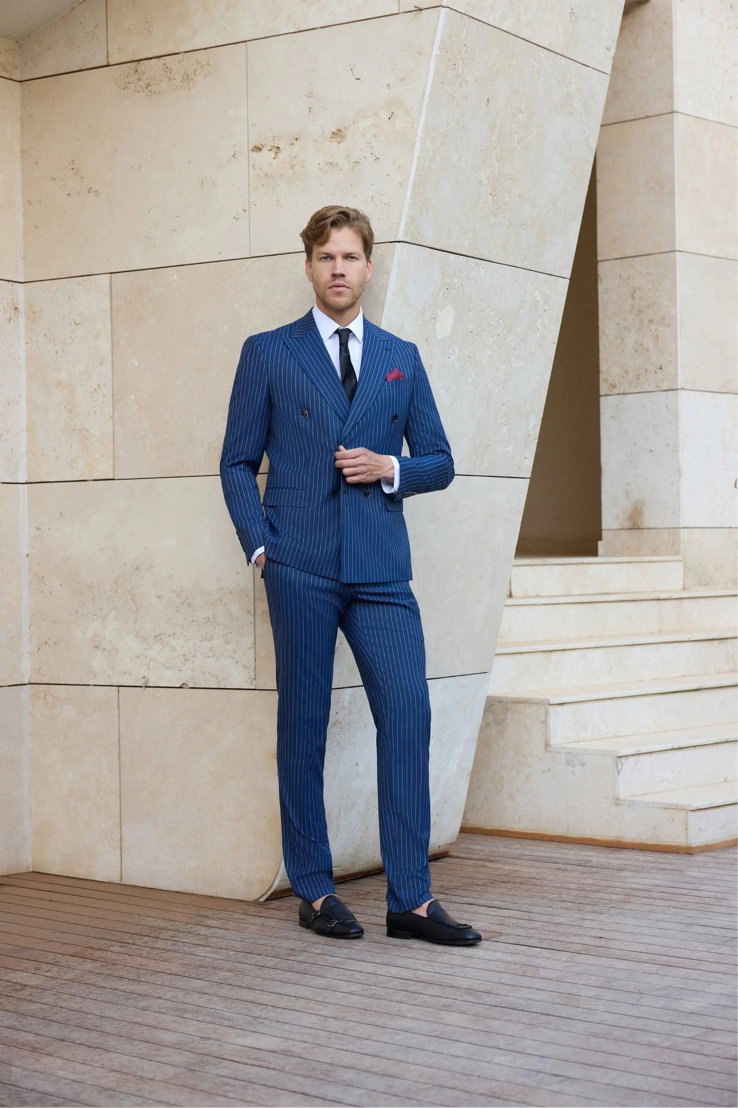 Orient Express Slim Fit Navy Blue Striped Double Breasted Suit - Novo Suit