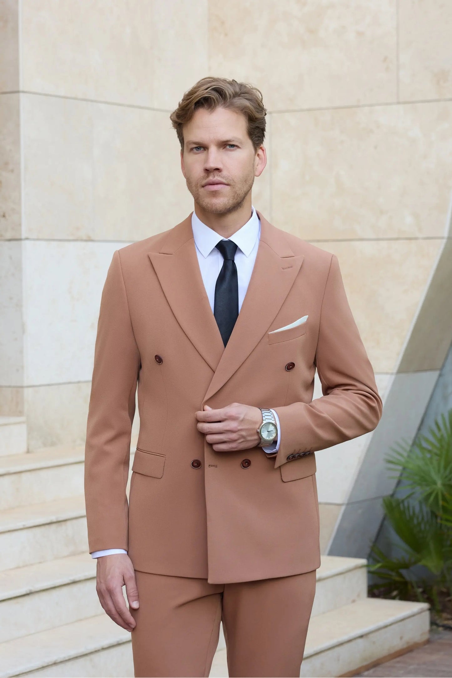 Brooklyn Bridge Slim Fit Brown Double Breasted Men's Suit - Novo Suit