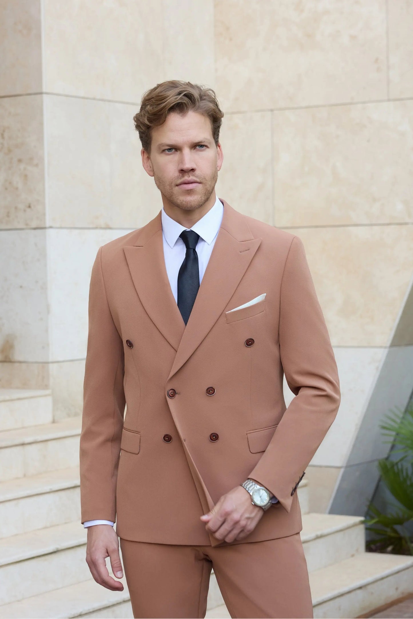 Brooklyn Bridge Slim Fit Brown Double Breasted Men's Suit - Novo Suit
