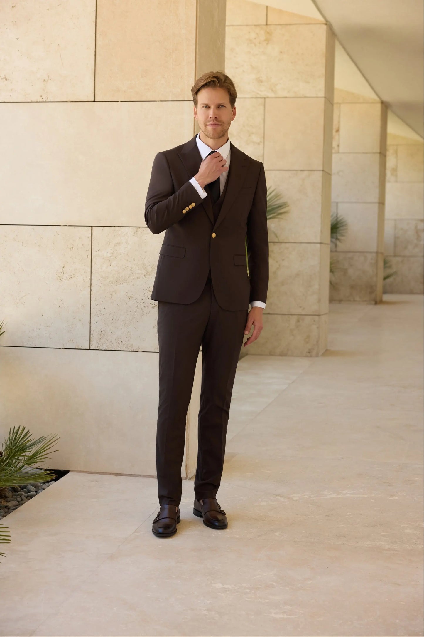 Grand Canyon Slim Fit Brown Gold Buttons Three Piece Suit - Novo Suit