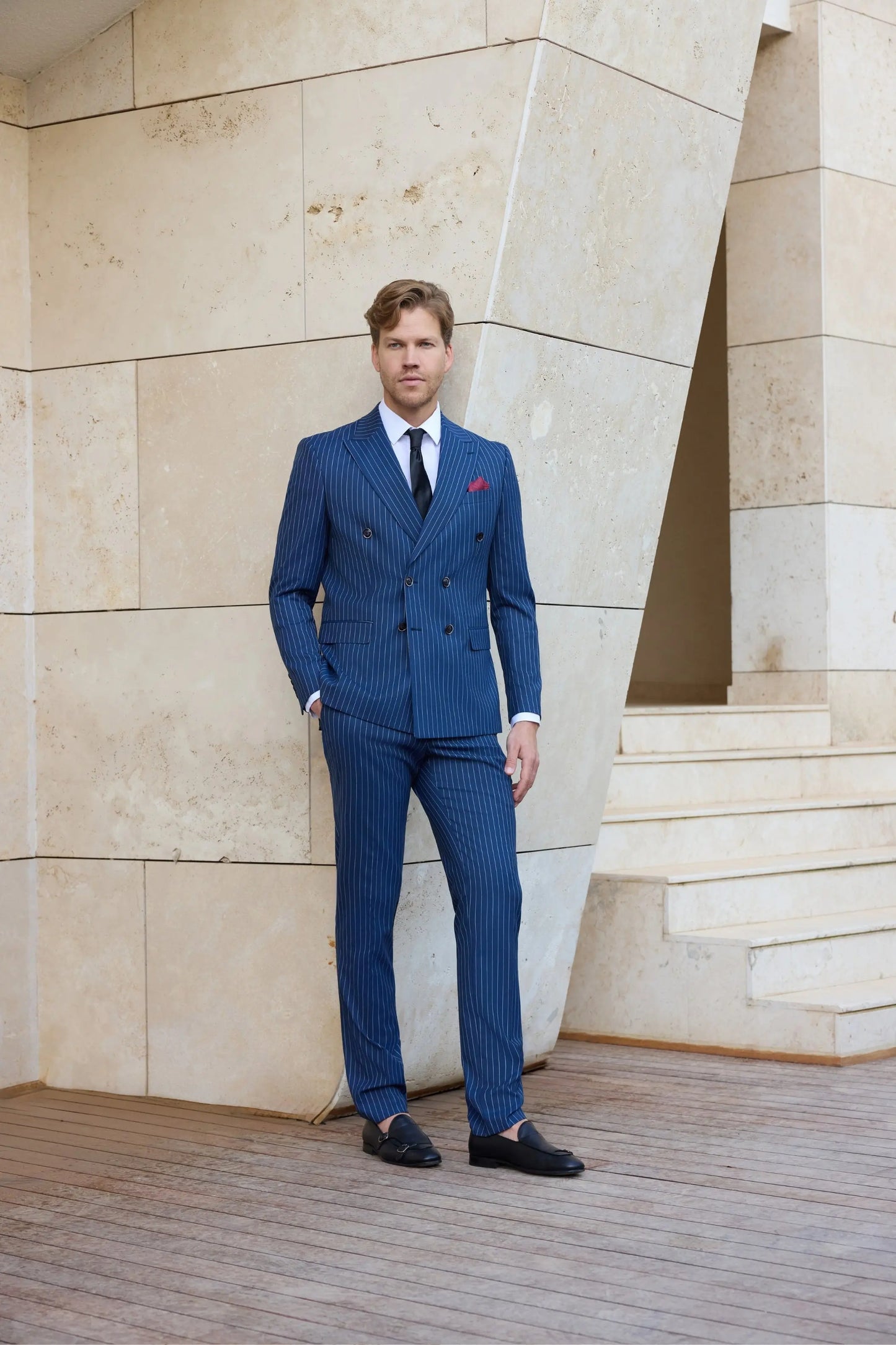 Orient Express Slim Fit Navy Blue Striped Double Breasted Suit - Novo Suit