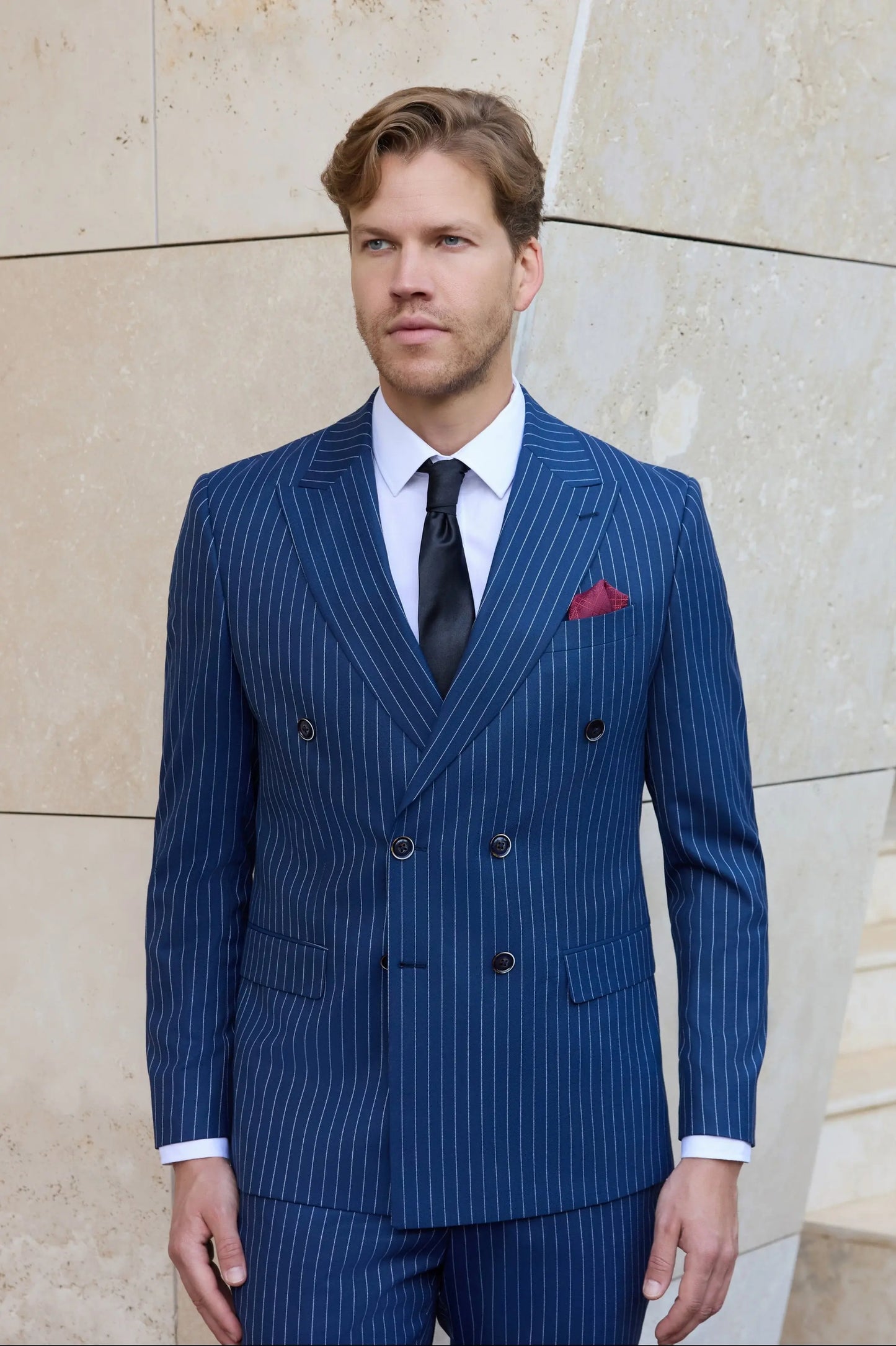 Orient Express Slim Fit Navy Blue Striped Double Breasted Suit - Novo Suit