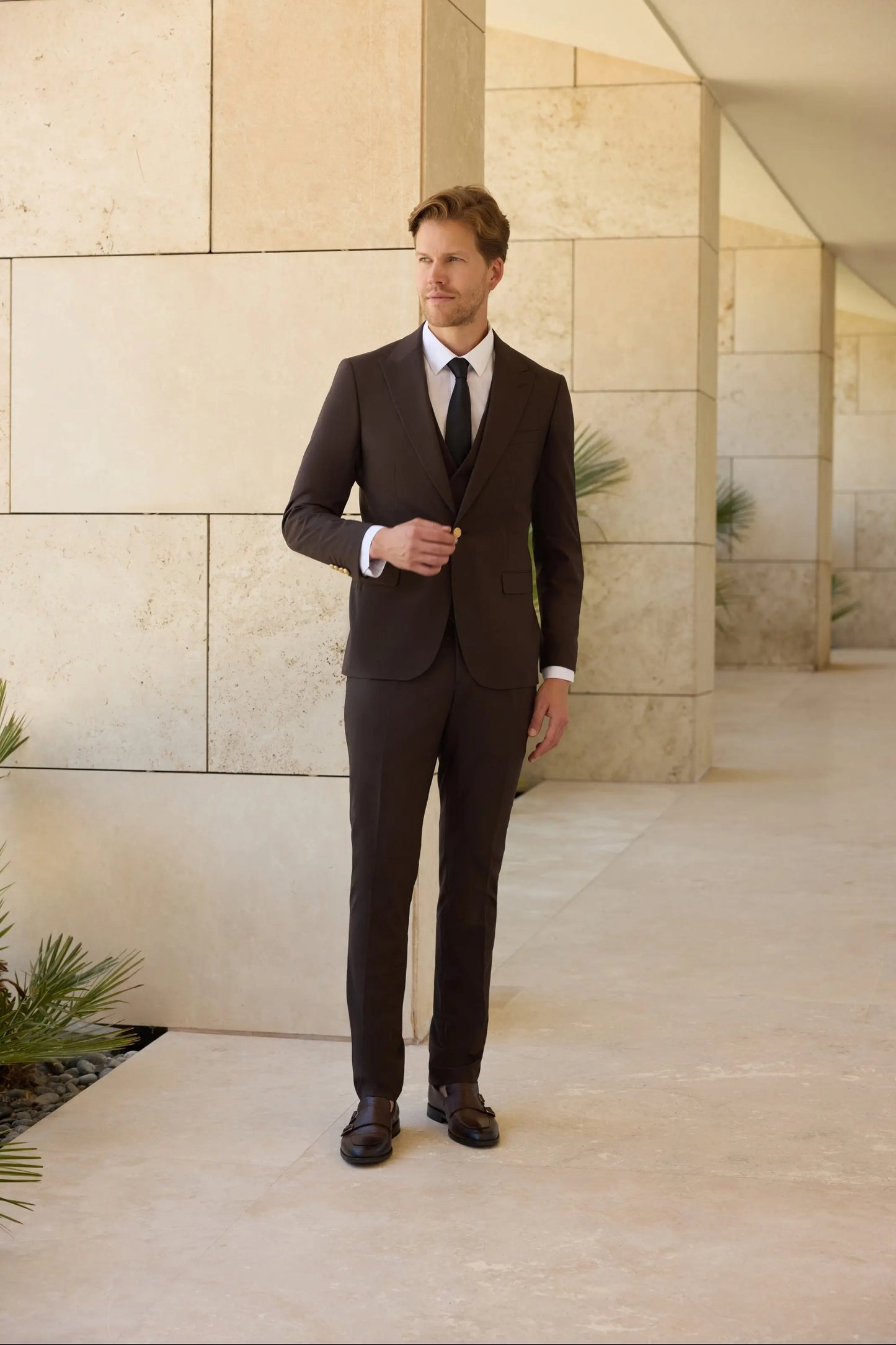 Grand Canyon Slim Fit Brown Gold Buttons Three Piece Suit - Novo Suit