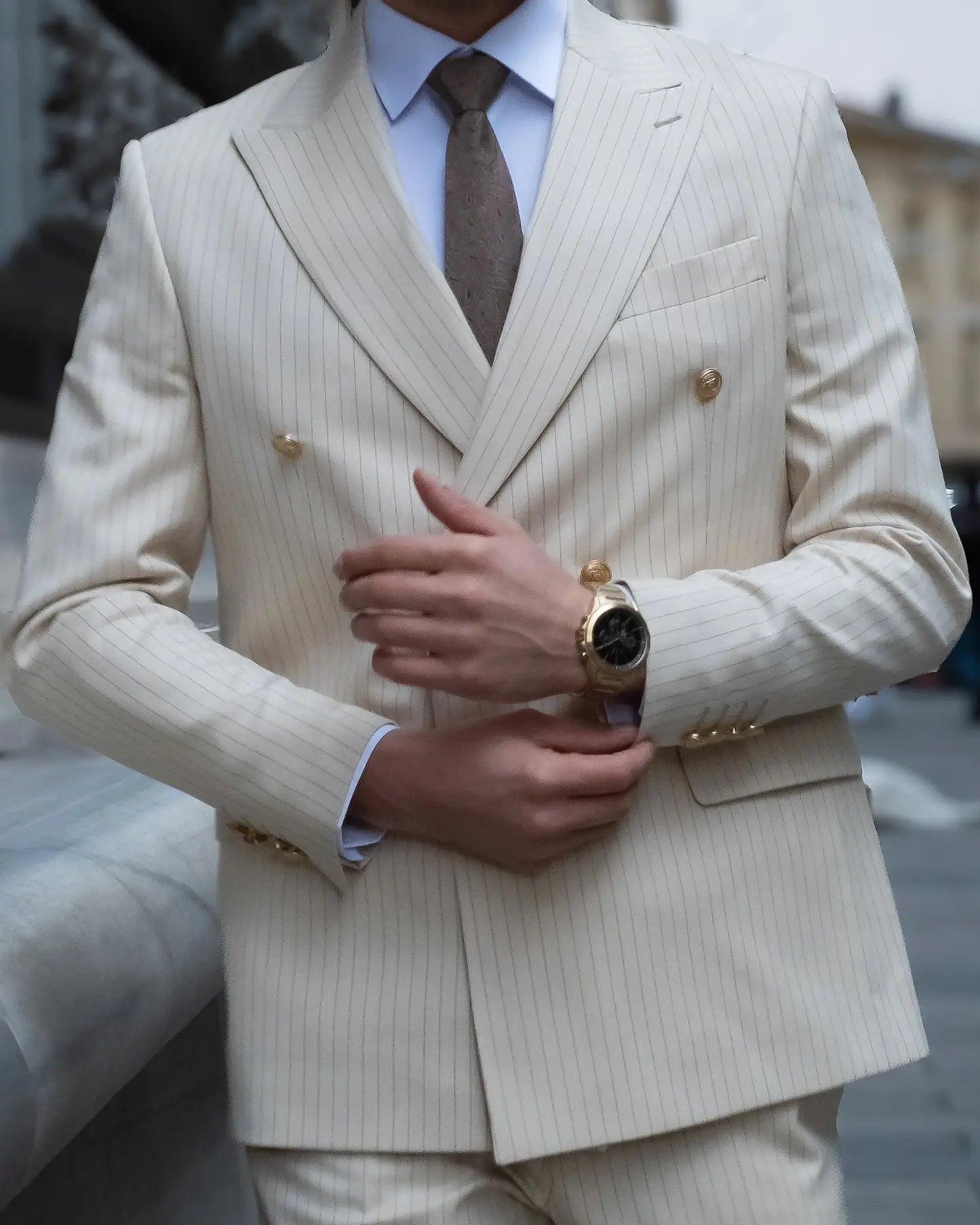 Champagne Slim Fit Cream Striped Double Breasted Men's Suit - Novo Suit