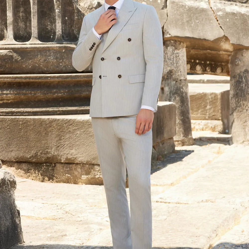 London Gray Slim Fit Gray Striped Double Breasted Men's Suit Novo Suit
