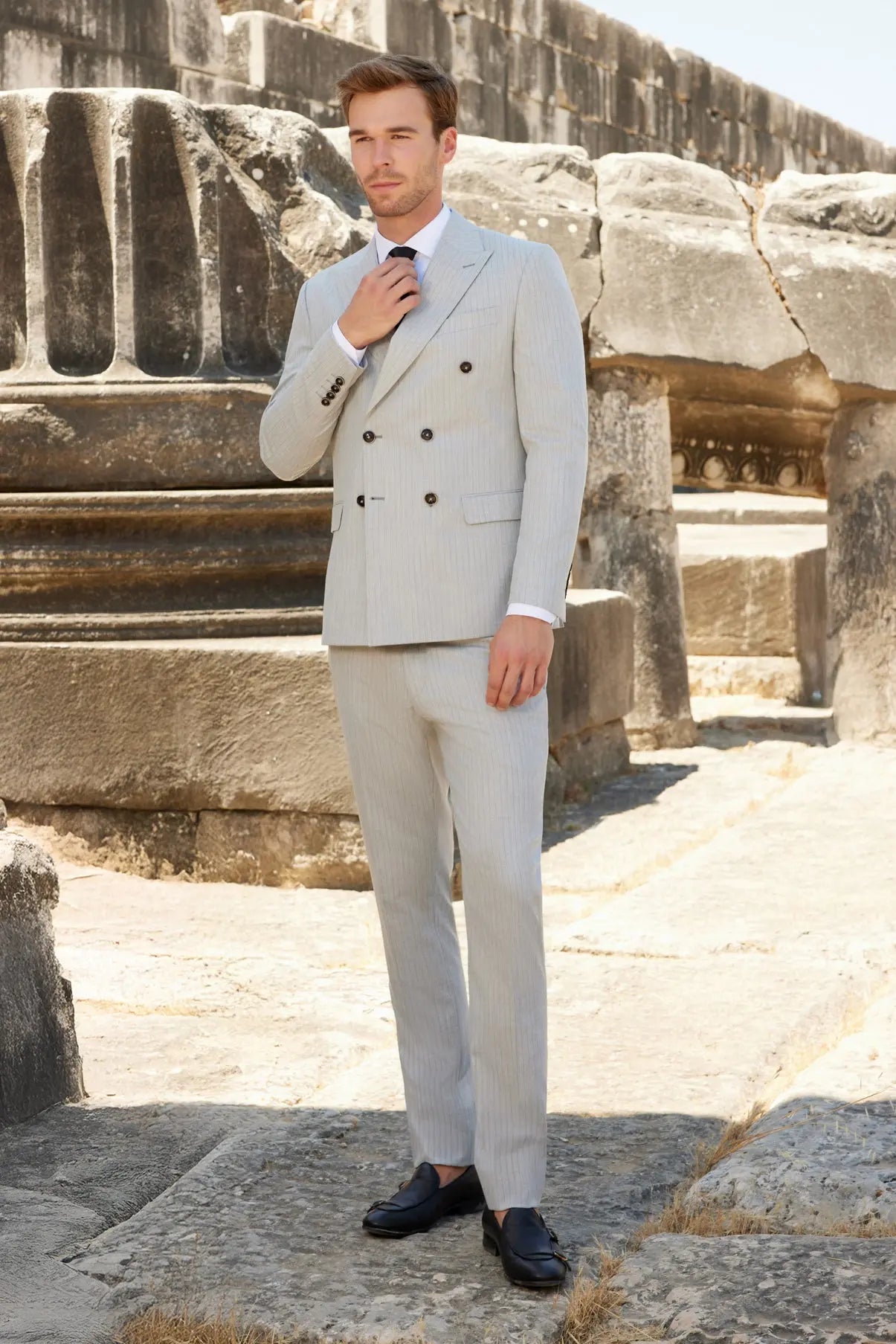 London Gray Slim Fit Gray Striped Double Breasted Men's Suit Novo Suit