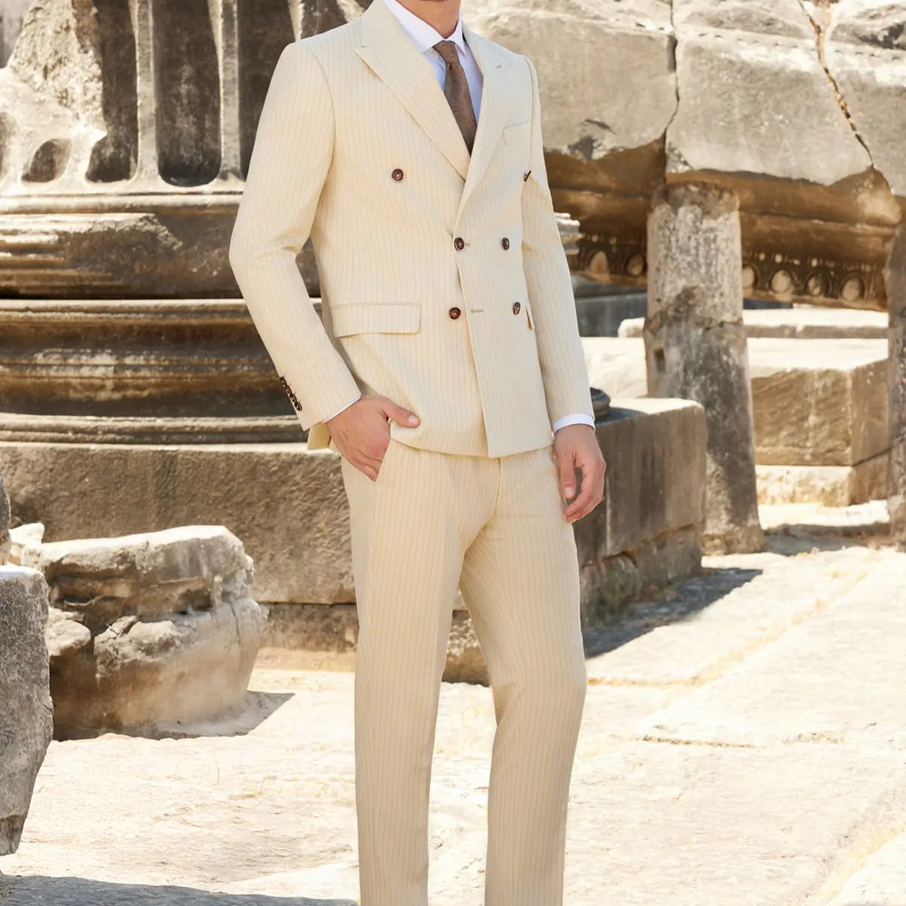 Ivory Elegance Slim Fit Cream Striped Double Breasted Suit Novo Suit