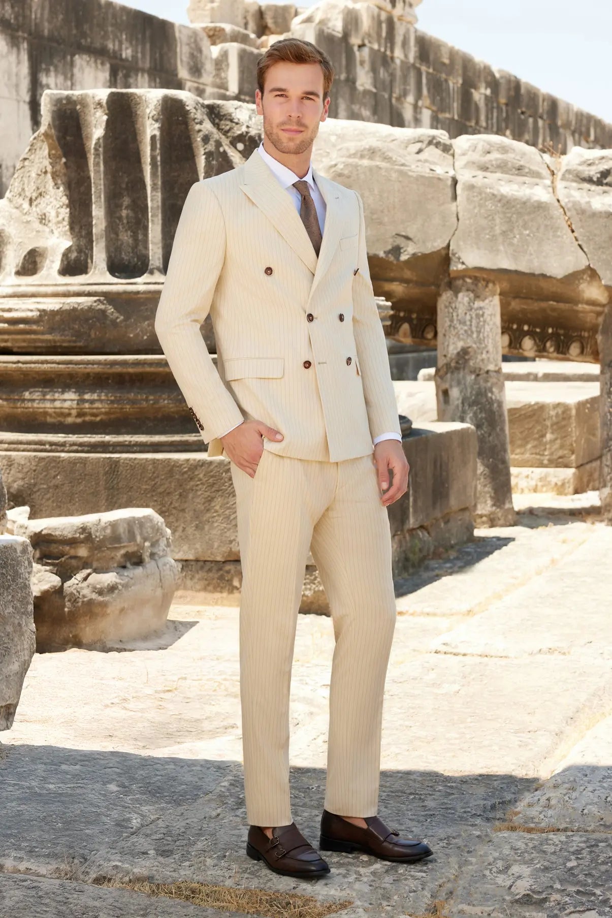 Ivory Elegance Slim Fit Cream Striped Double Breasted Suit Novo Suit