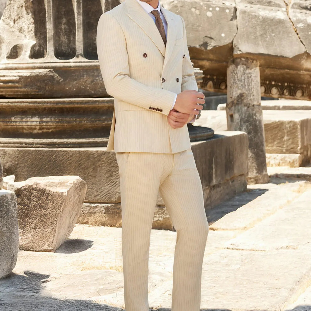 Ivory Elegance Slim Fit Cream Striped Double Breasted Suit Novo Suit