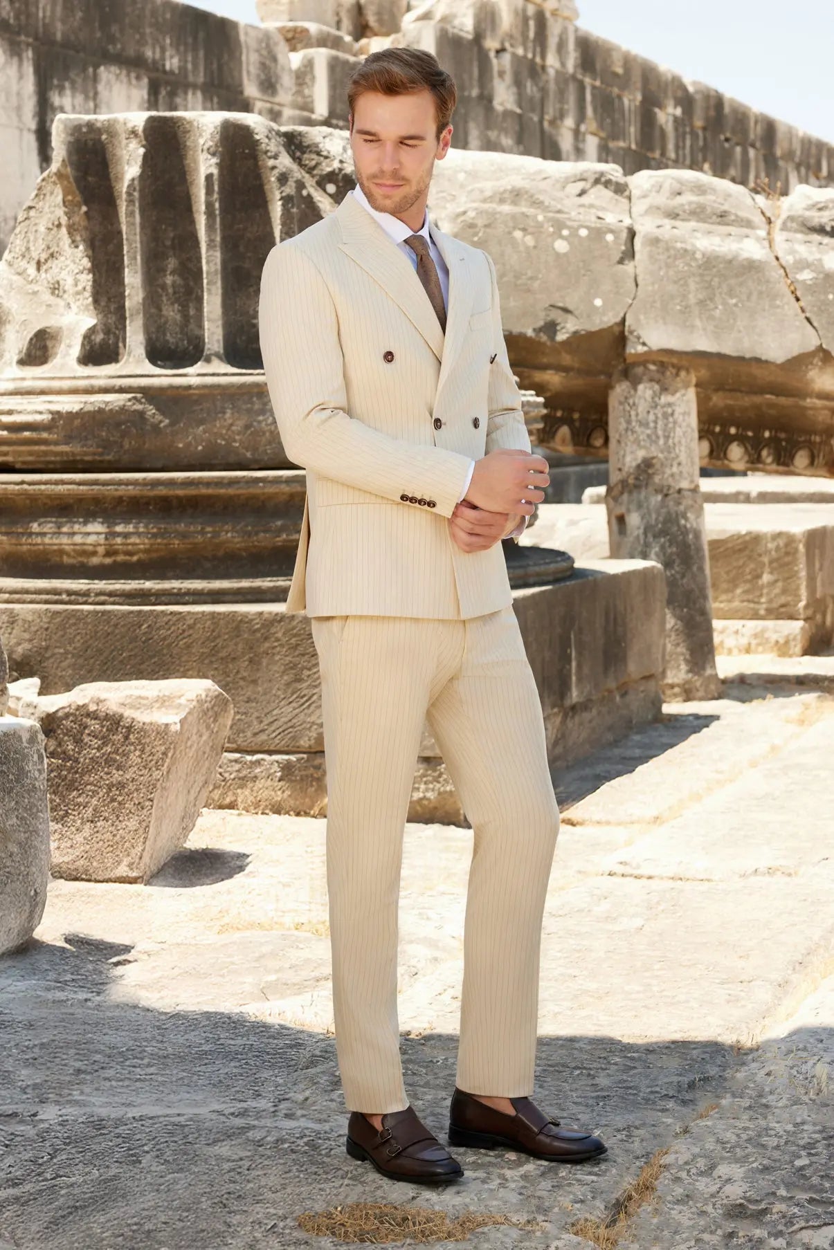 Ivory Elegance Slim Fit Cream Striped Double Breasted Suit Novo Suit