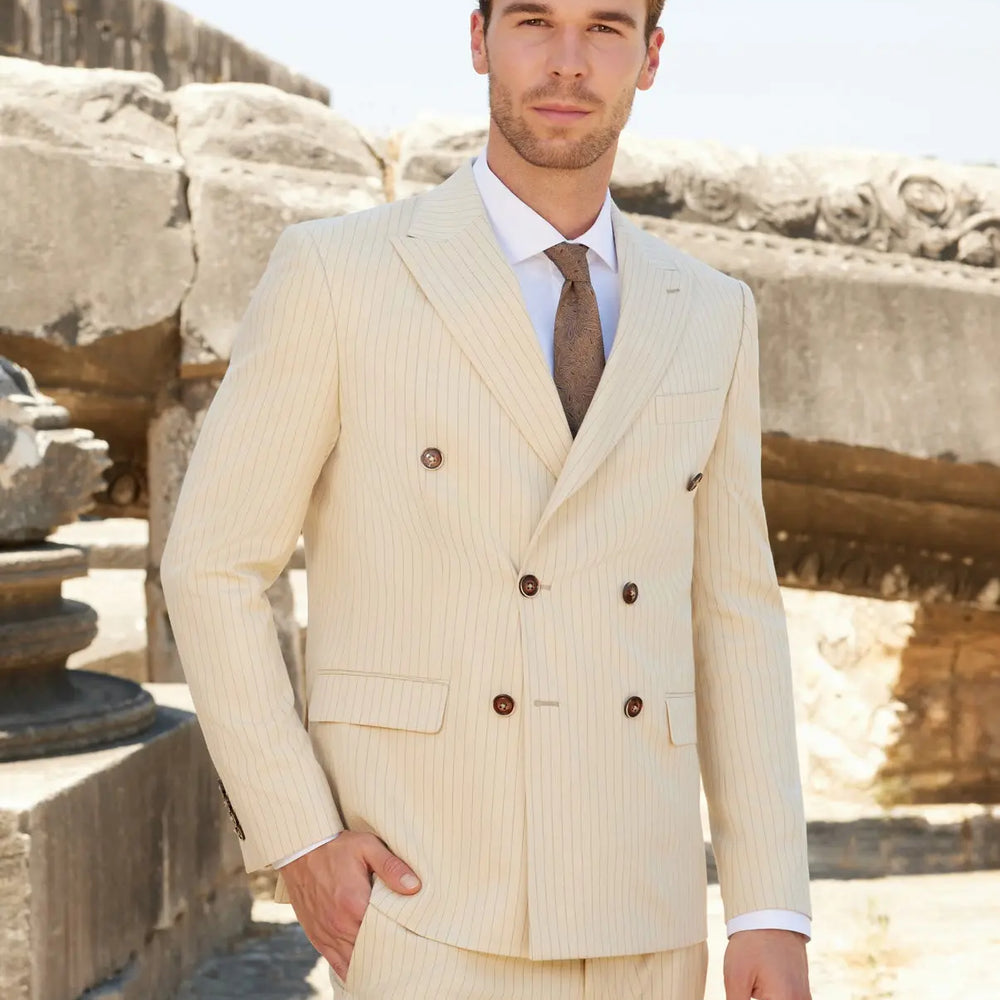 Ivory Elegance Slim Fit Cream Striped Double Breasted Suit Novo Suit