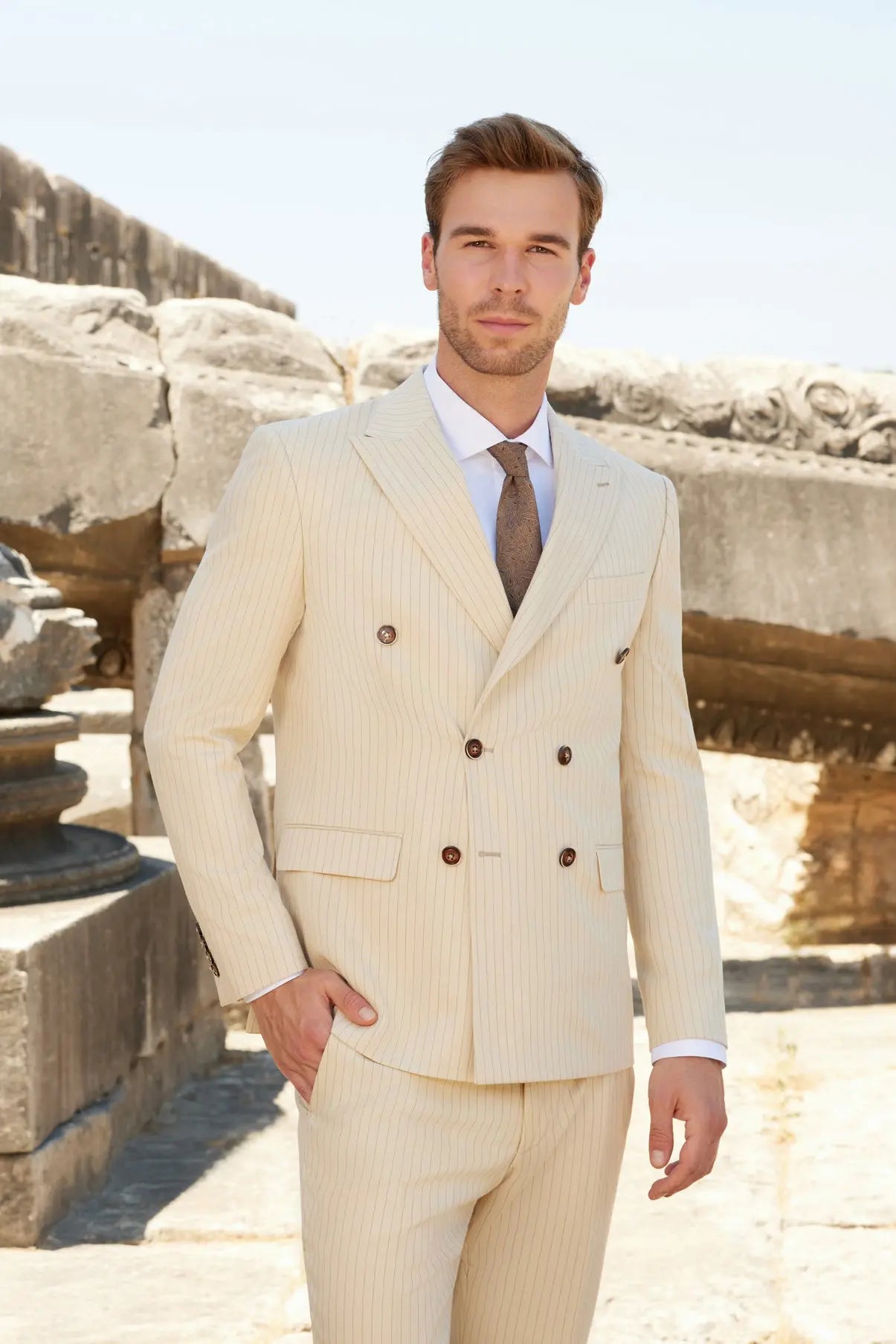Ivory Elegance Slim Fit Cream Striped Double Breasted Suit Novo Suit